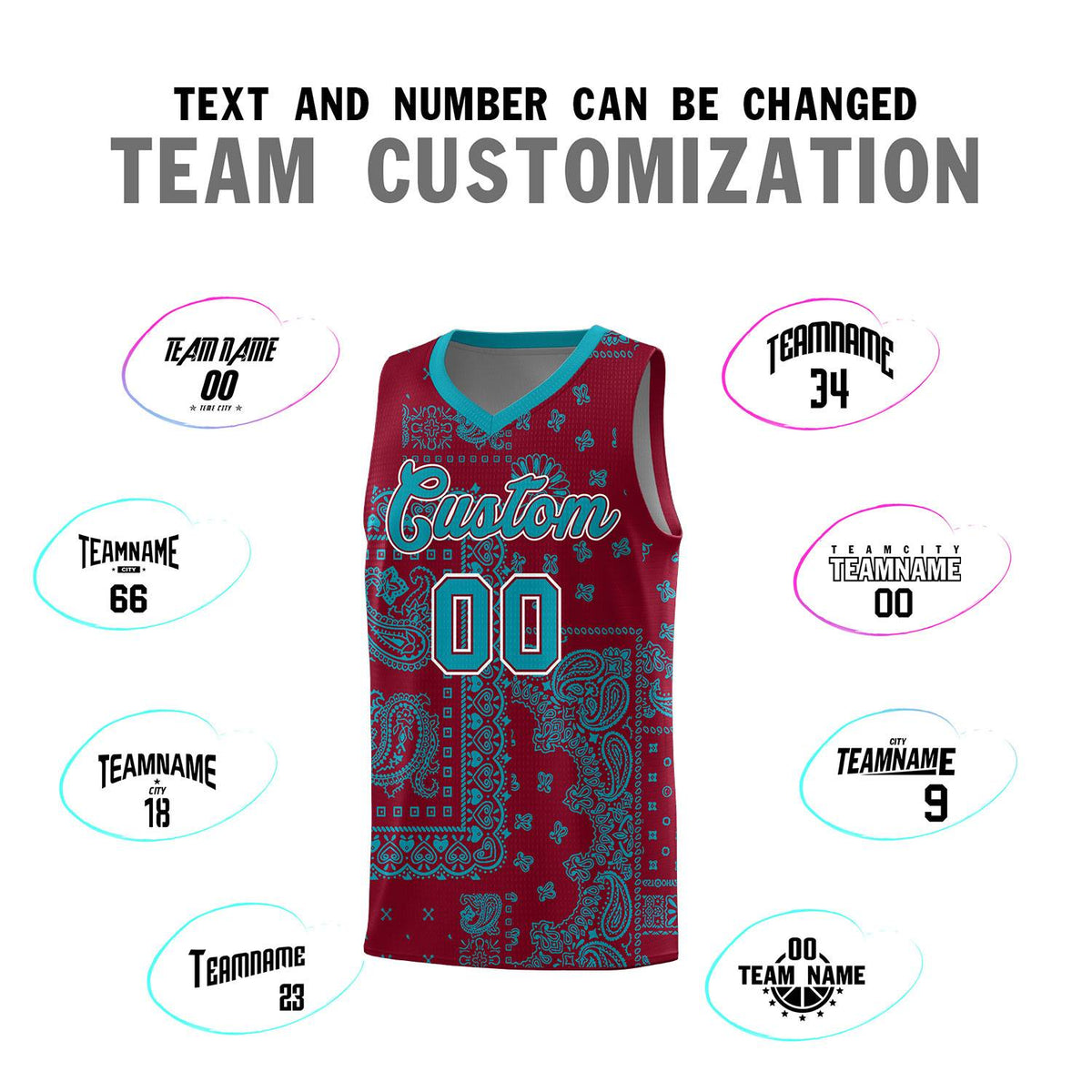 Custom Crimson Basketball Kits With Aqua Cashew Flower Print Pattern
