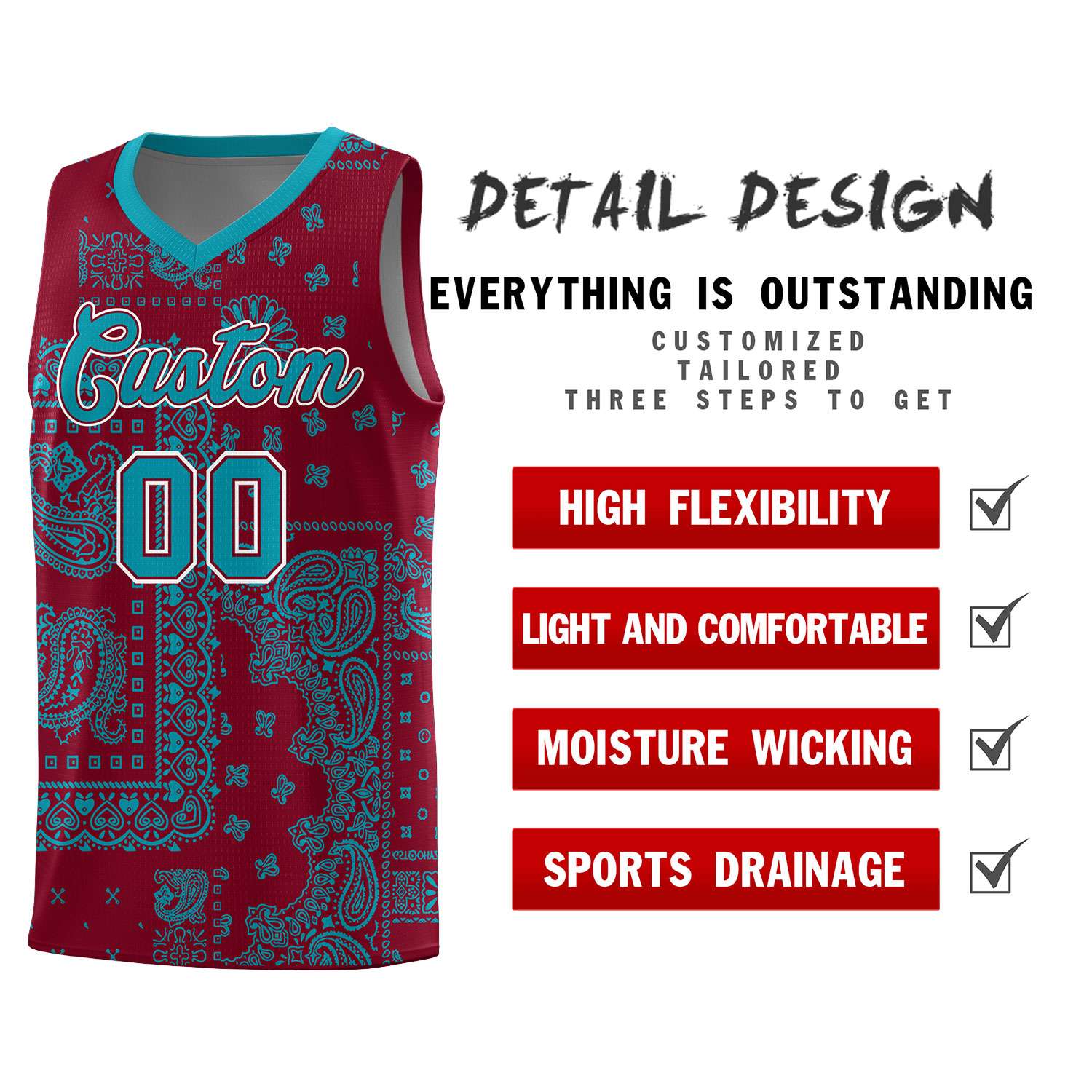 Custom Crimson Basketball Kits With Aqua Cashew Flower Print Pattern
