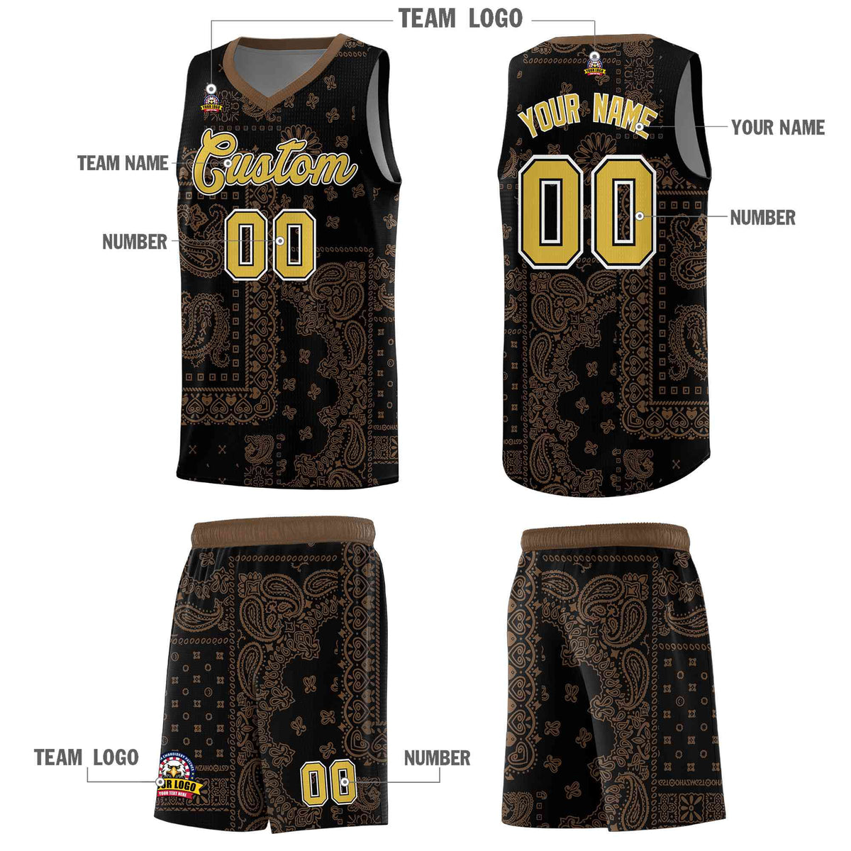 Custom Black Basketball Kits With Light Brown Cashew Flower Print Pattern