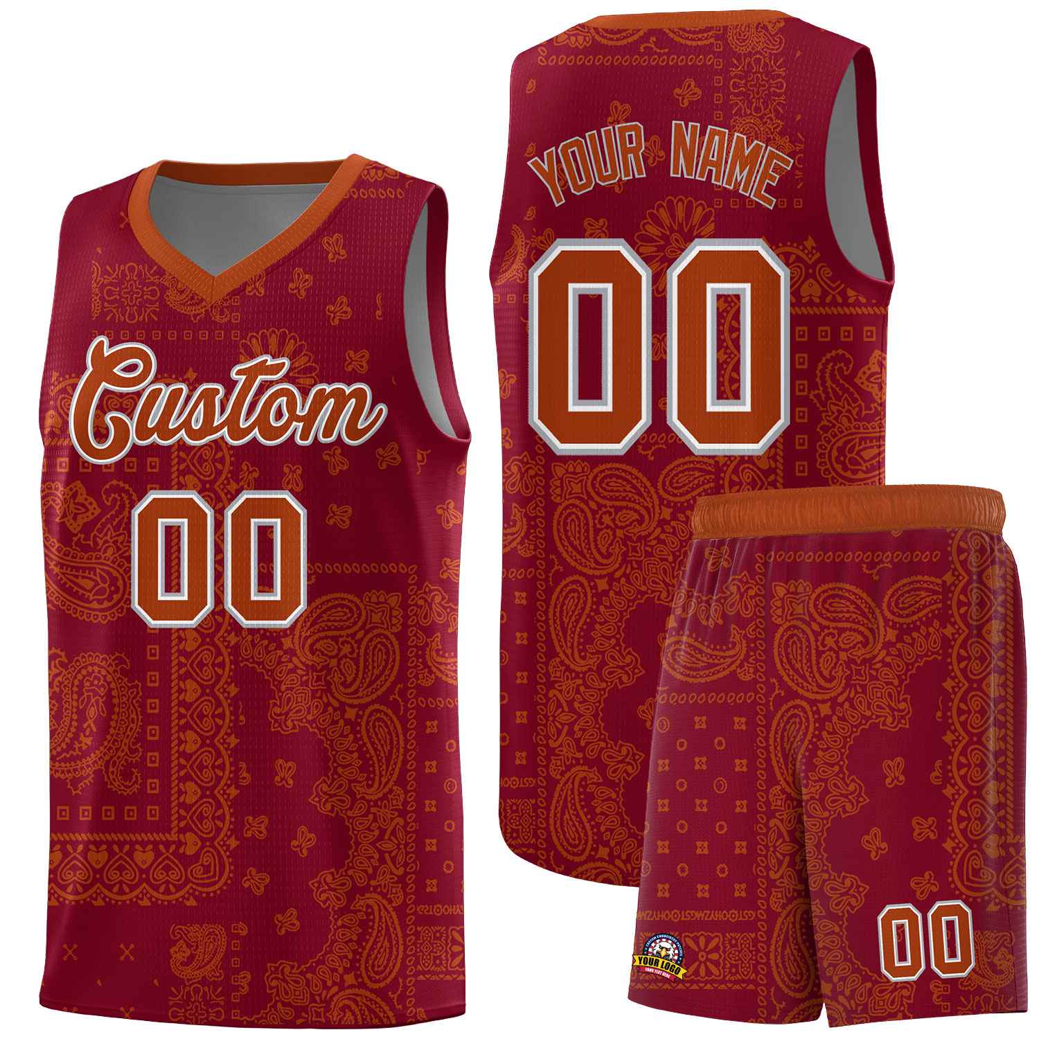 Custom Crimson Basketball Kits With Texas Orange Cashew Flower Print Pattern