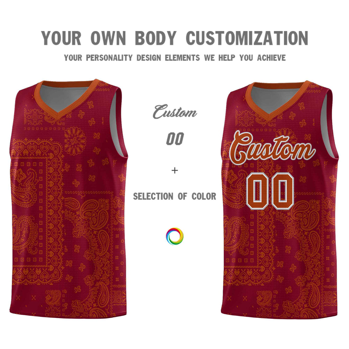Custom Crimson Basketball Kits With Texas Orange Cashew Flower Print Pattern
