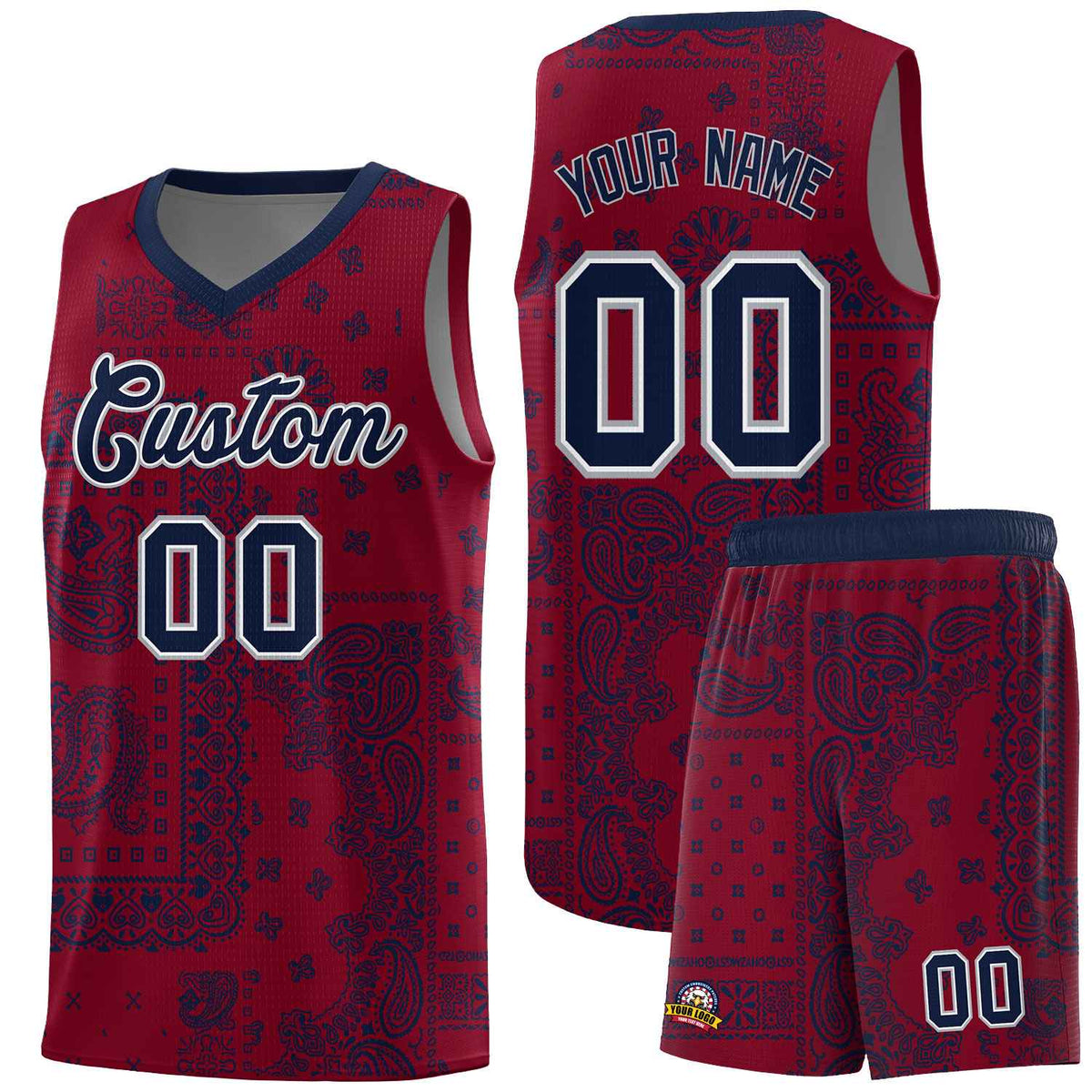 Custom Crimson Basketball Kits With Navy Cashew Flower Print Pattern