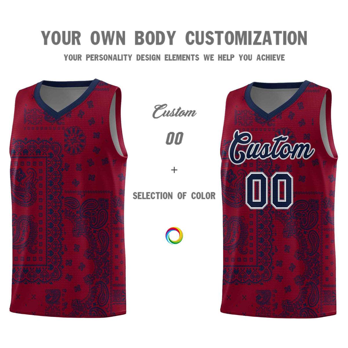 Custom Crimson Basketball Kits With Navy Cashew Flower Print Pattern