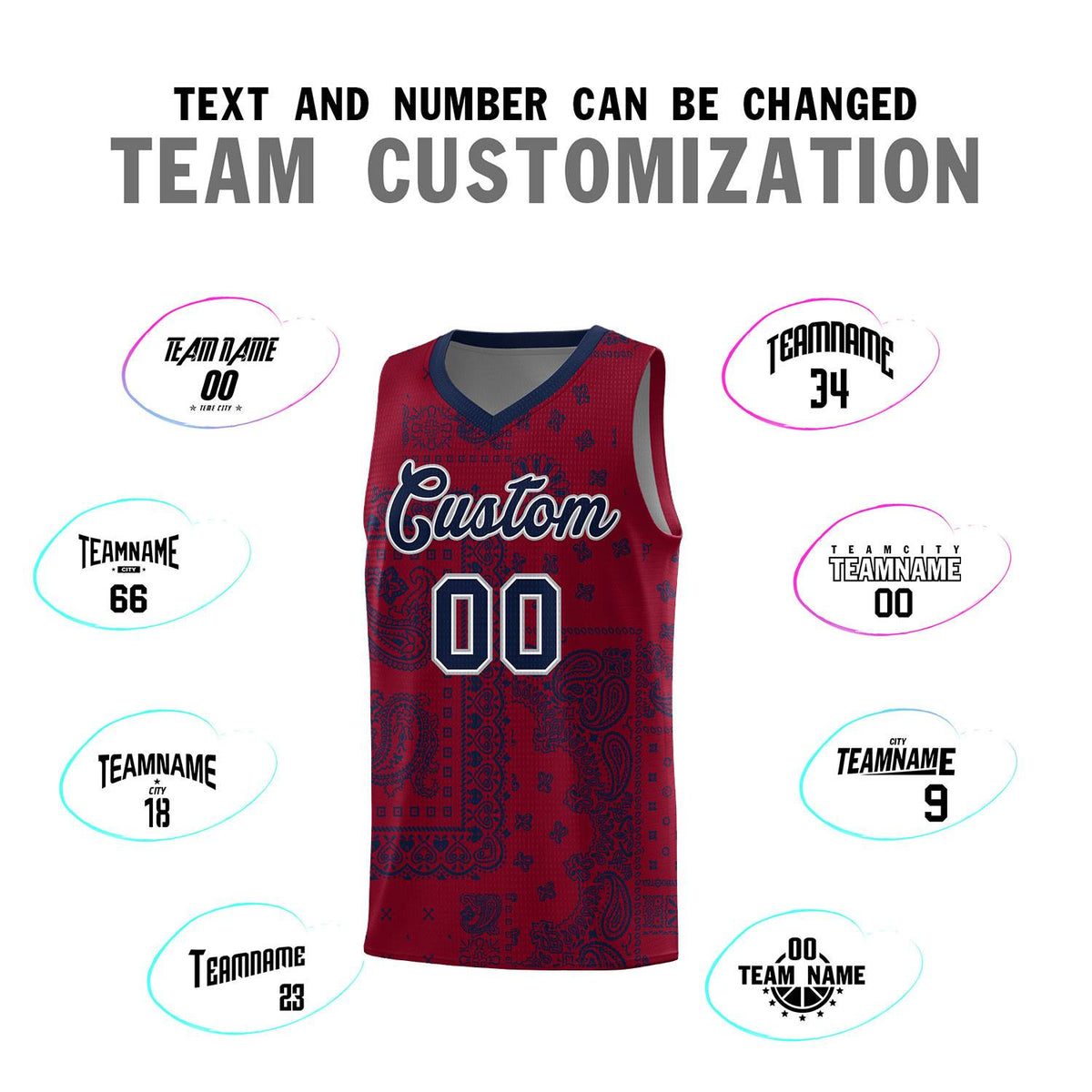 Custom Crimson Basketball Kits With Navy Cashew Flower Print Pattern