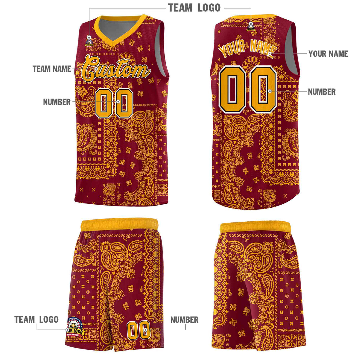 Custom Crimson Basketball Kits With Royal Cashew Flower Print Pattern