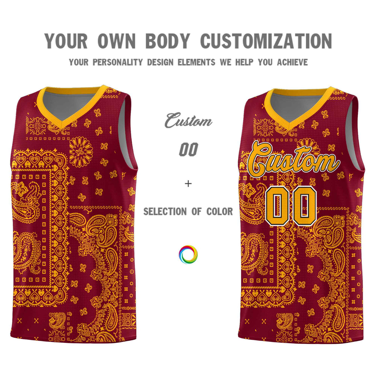 Custom Crimson Basketball Kits With Royal Cashew Flower Print Pattern