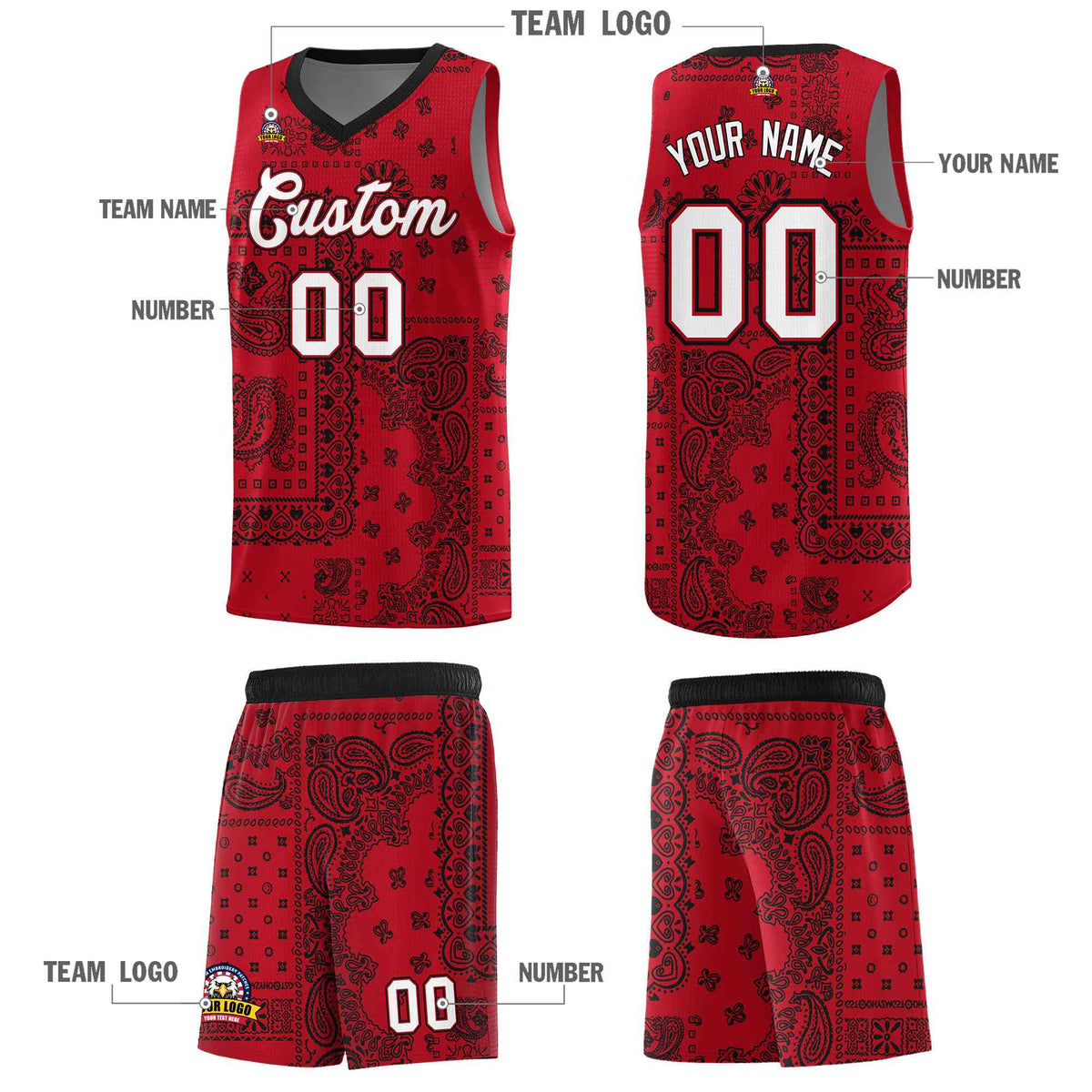 Custom Red Basketball Kits With Black Cashew Flower Print Pattern