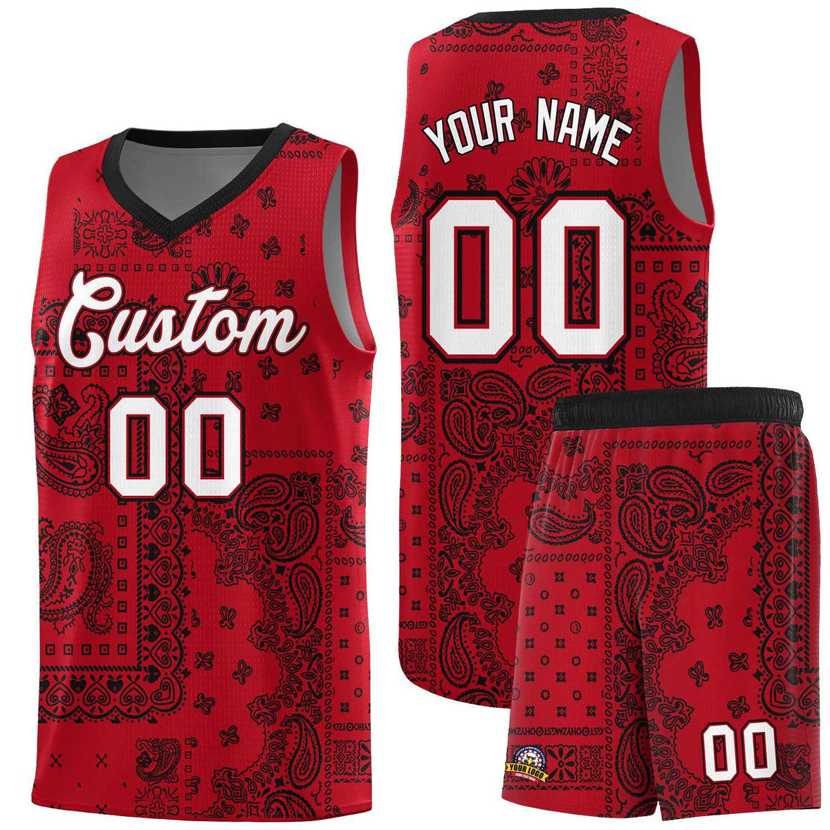 Custom Red Basketball Kits With Black Cashew Flower Print Pattern