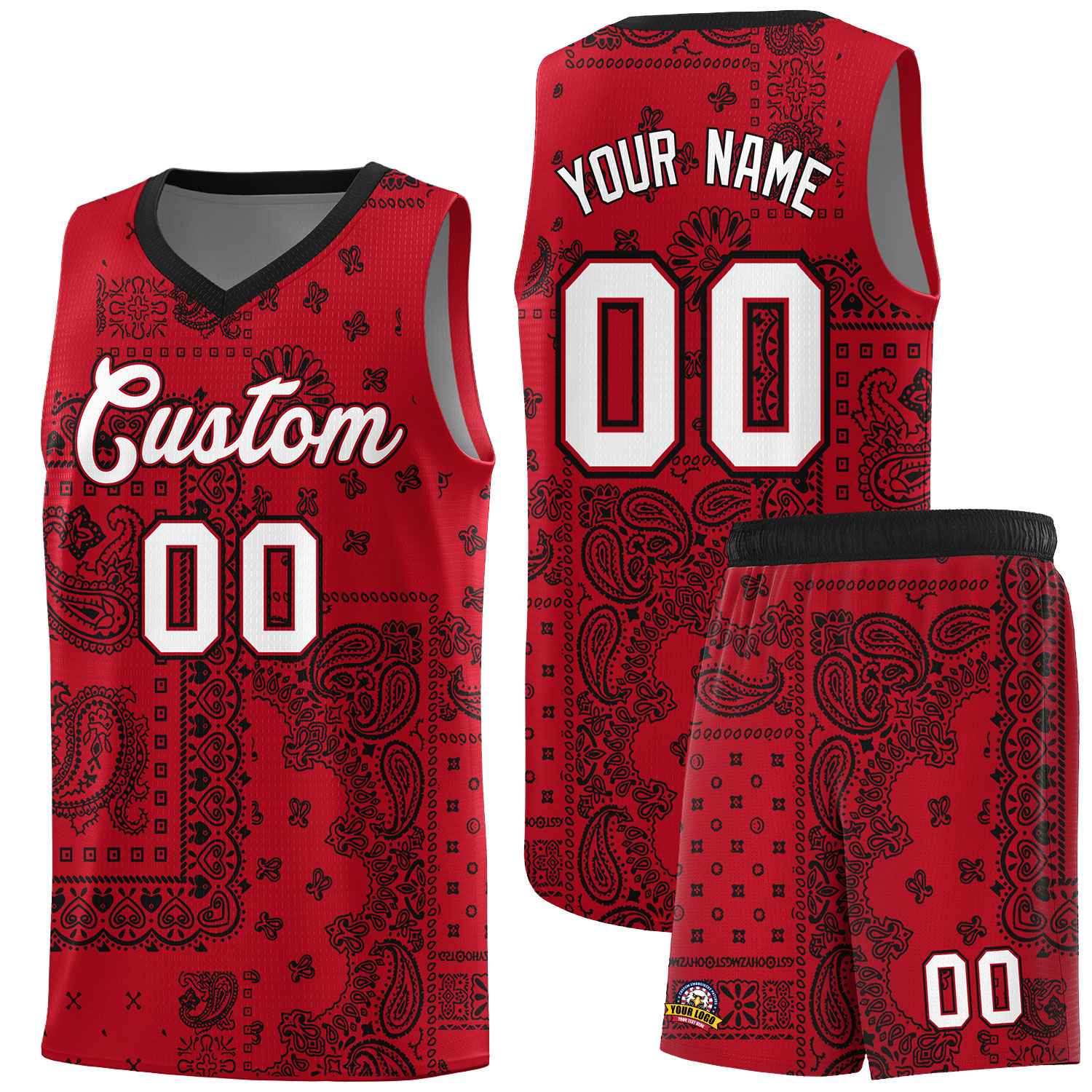 Custom Red Basketball Kits With Black Cashew Flower Print Pattern