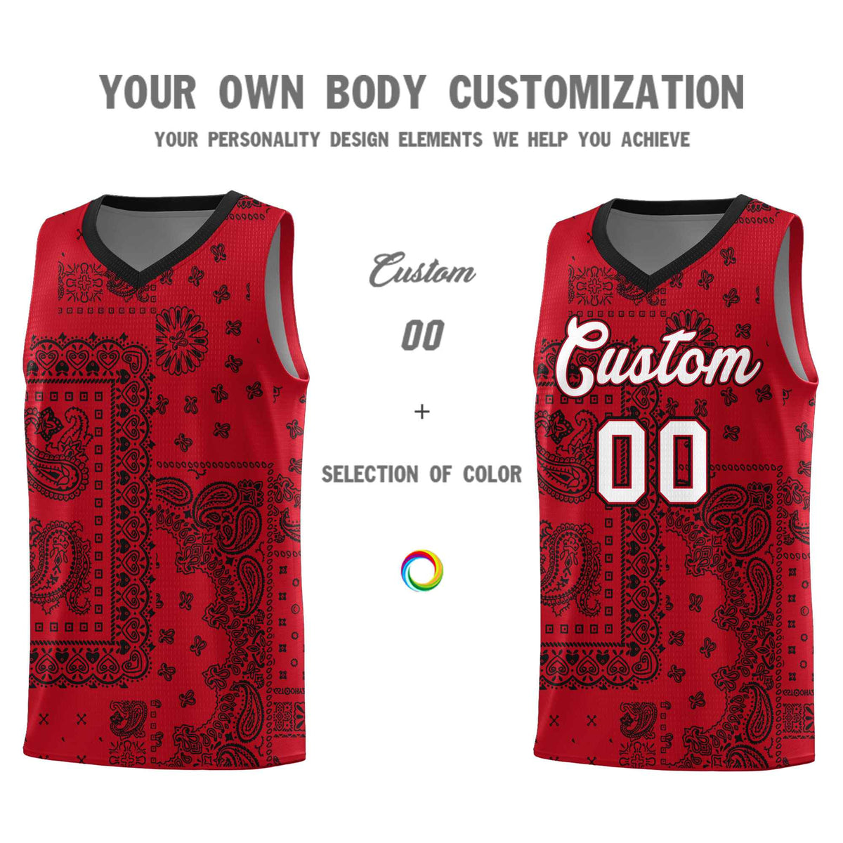 Custom Red Basketball Kits With Black Cashew Flower Print Pattern