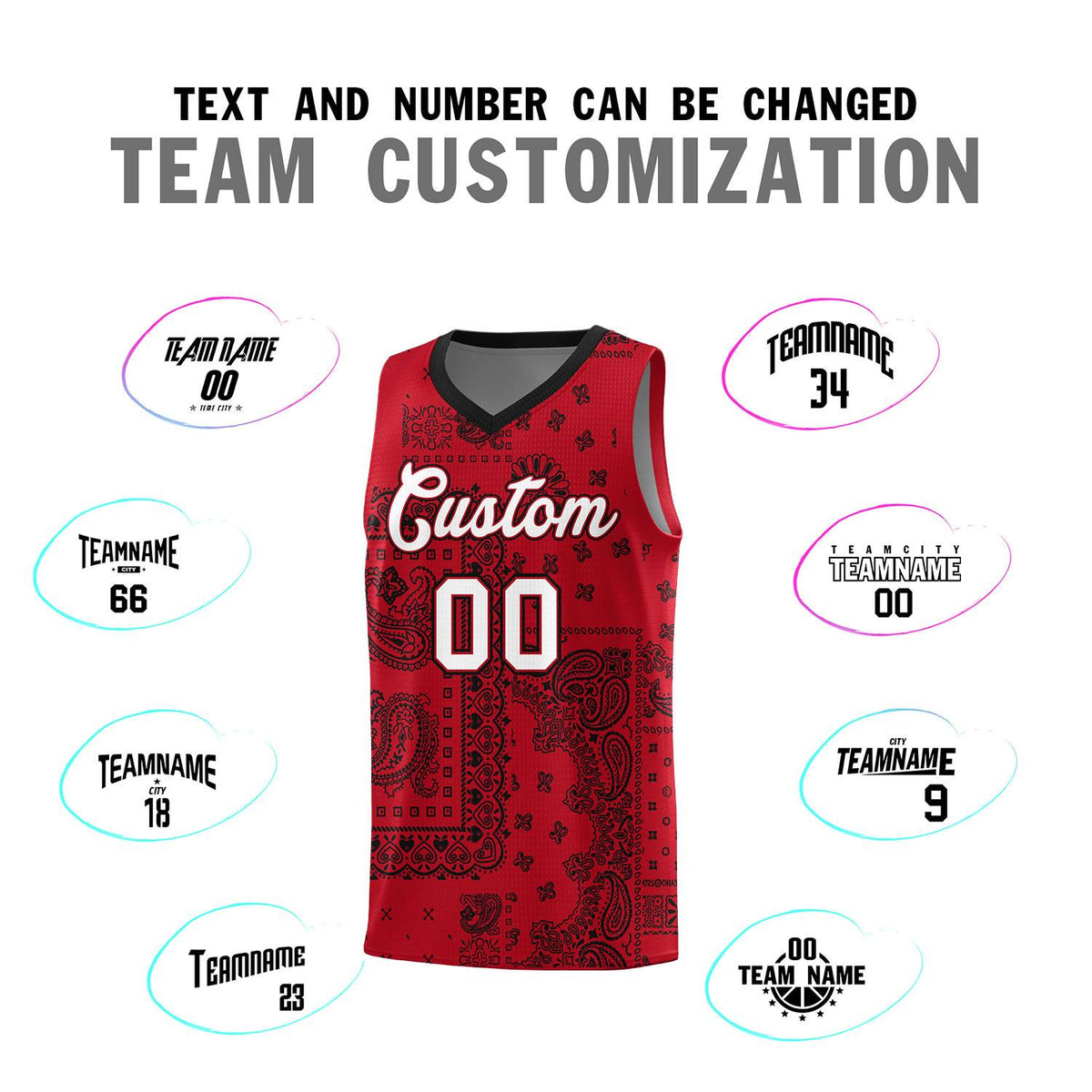 Custom Red Basketball Kits With Black Cashew Flower Print Pattern
