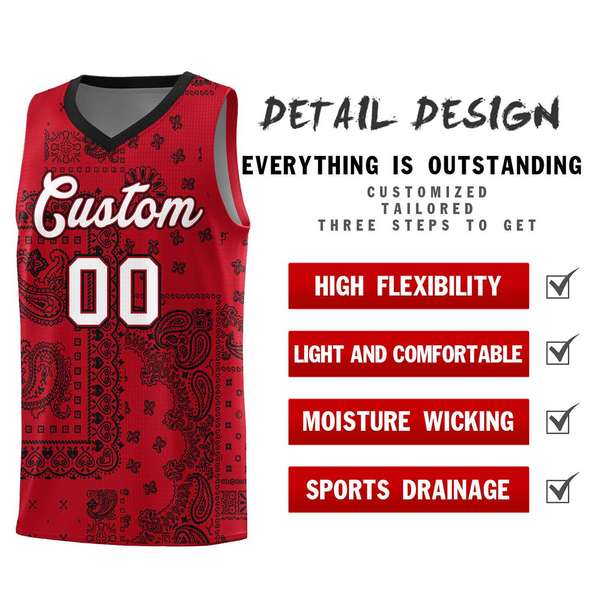 Custom Red Basketball Kits With Black Cashew Flower Print Pattern