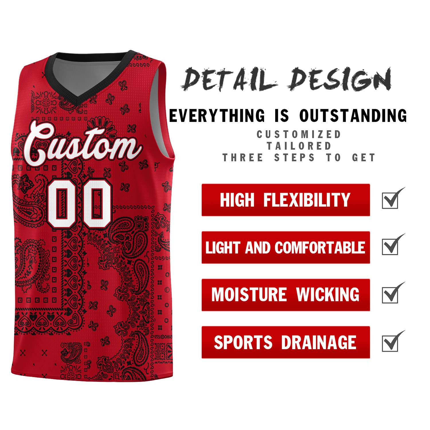 Custom Red Basketball Kits With Black Cashew Flower Print Pattern