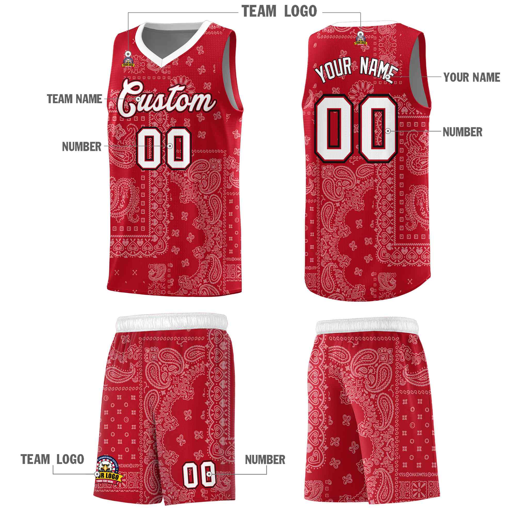 Custom Red Basketball Kits With White Cashew Flower Print Pattern