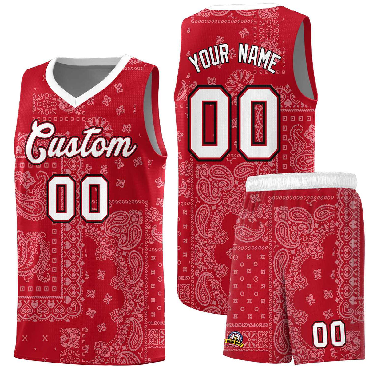 Custom Red Basketball Kits With White Cashew Flower Print Pattern