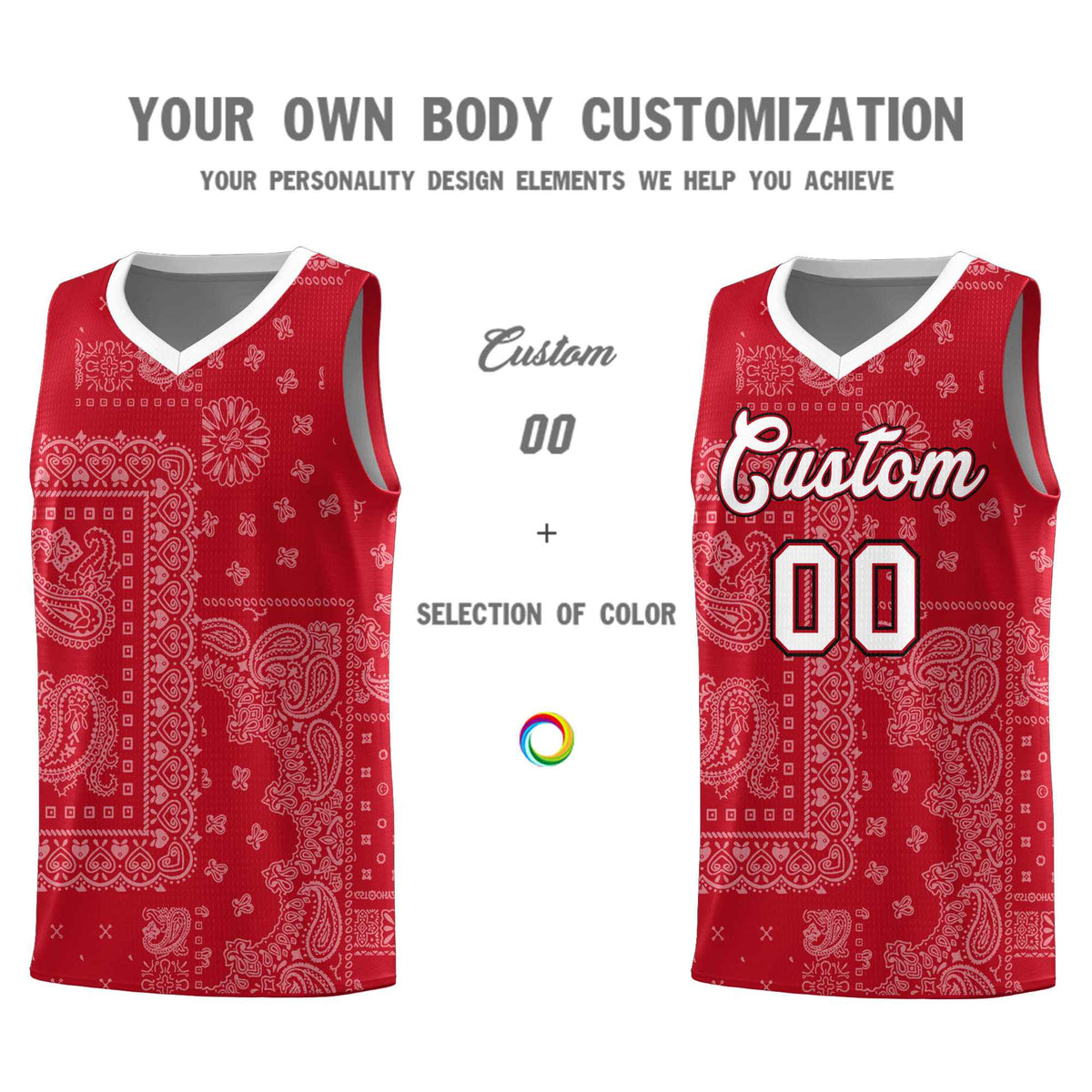 Custom Red Basketball Kits With White Cashew Flower Print Pattern