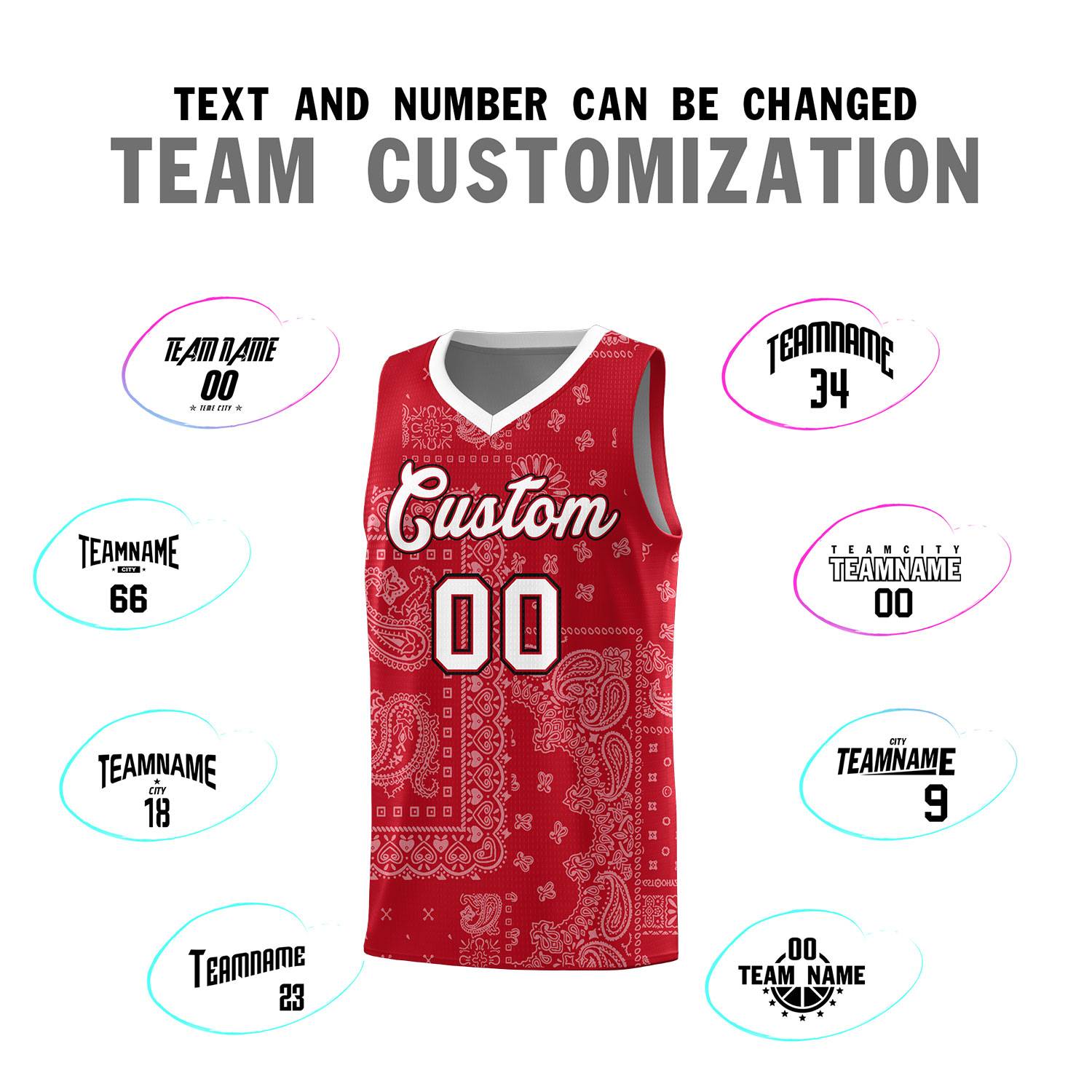 Custom Red Basketball Kits With White Cashew Flower Print Pattern