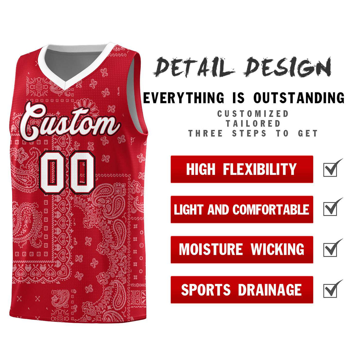 Custom Red Basketball Kits With White Cashew Flower Print Pattern