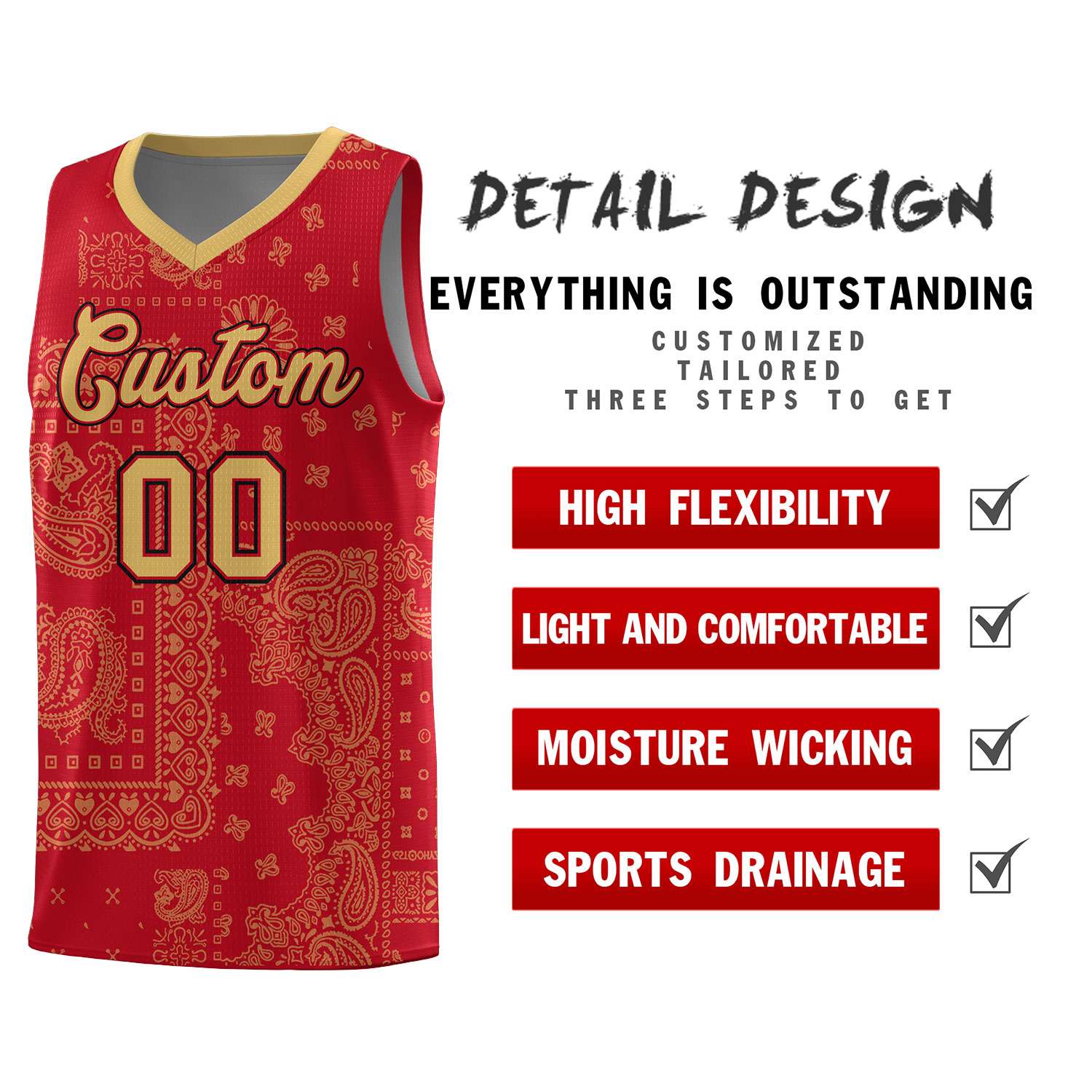 Custom Red Basketball Kits With Old Gold Cashew Flower Print Pattern