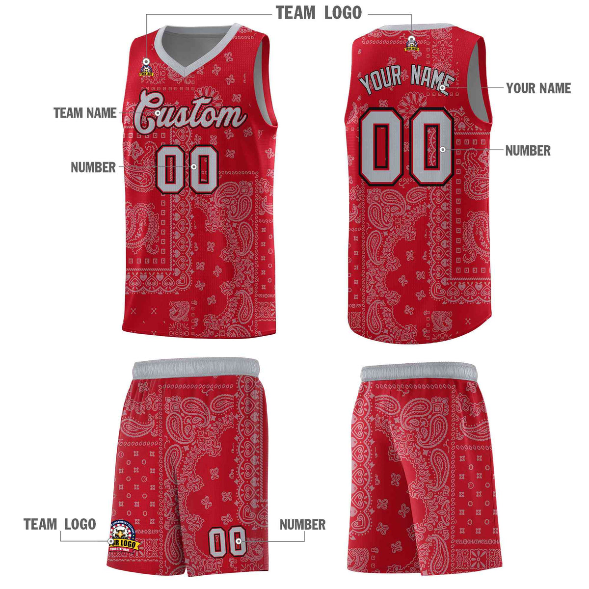 Custom Red Basketball Kits With Silver Gray Cashew Flower Print Pattern