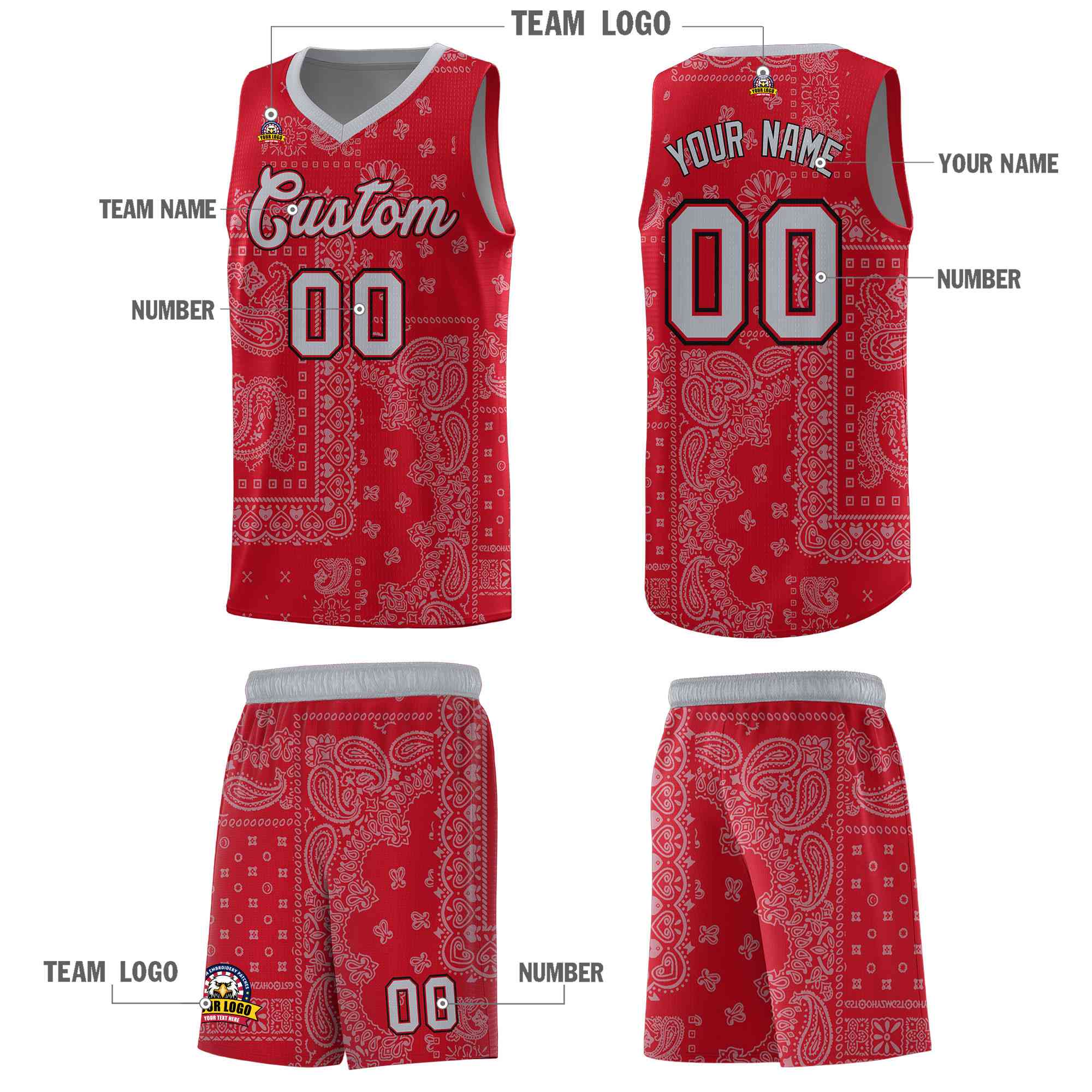 Custom Red Basketball Kits With Silver Gray Cashew Flower Print Pattern
