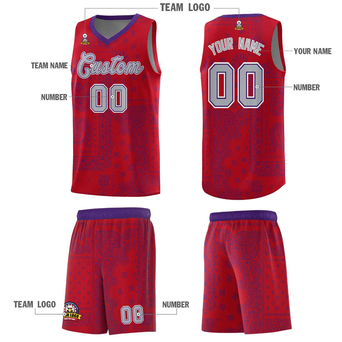 Custom Red Basketball Kits With Purple Cashew Flower Print Pattern