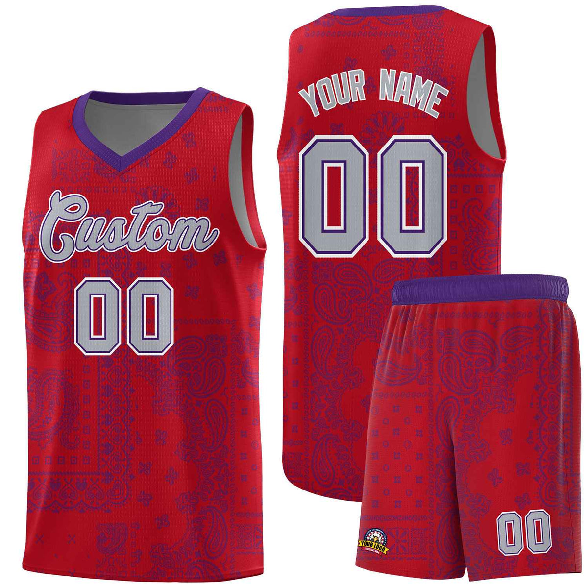 Custom Red Basketball Kits With Purple Cashew Flower Print Pattern
