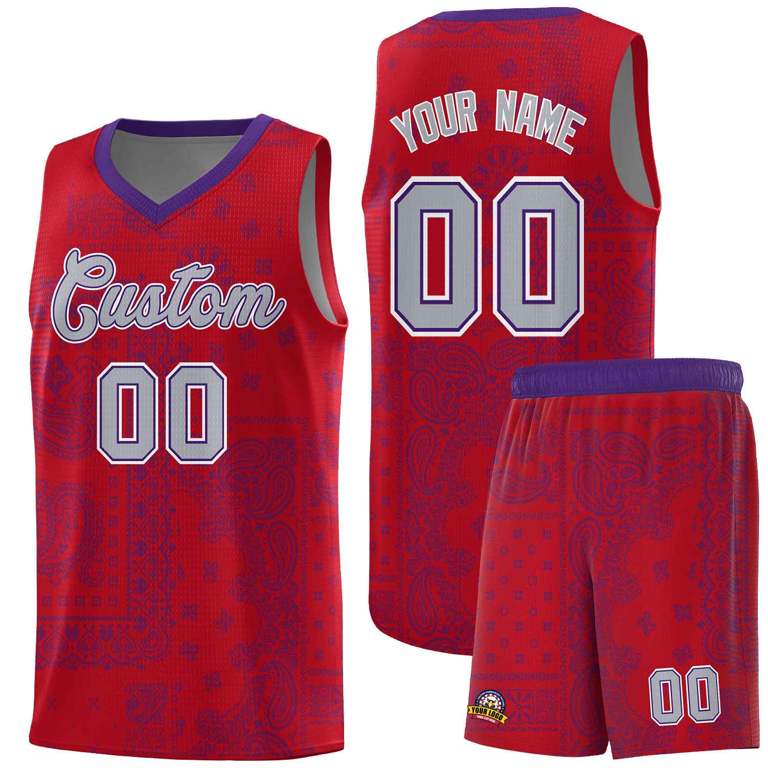 Custom Red Basketball Kits With Purple Cashew Flower Print Pattern