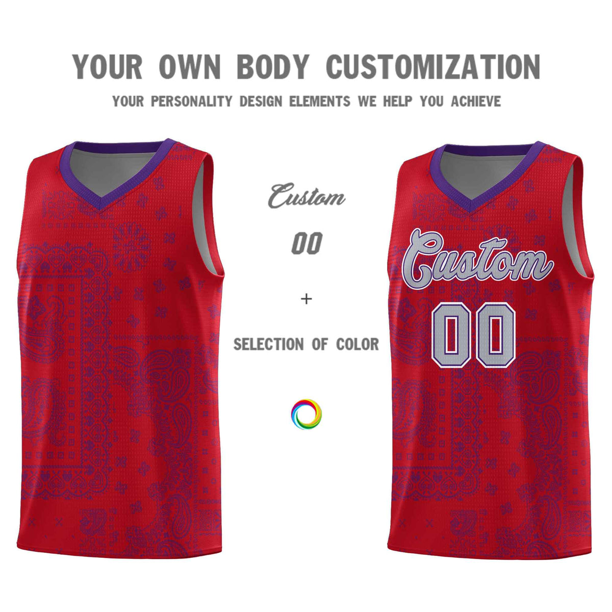 Custom Red Basketball Kits With Purple Cashew Flower Print Pattern