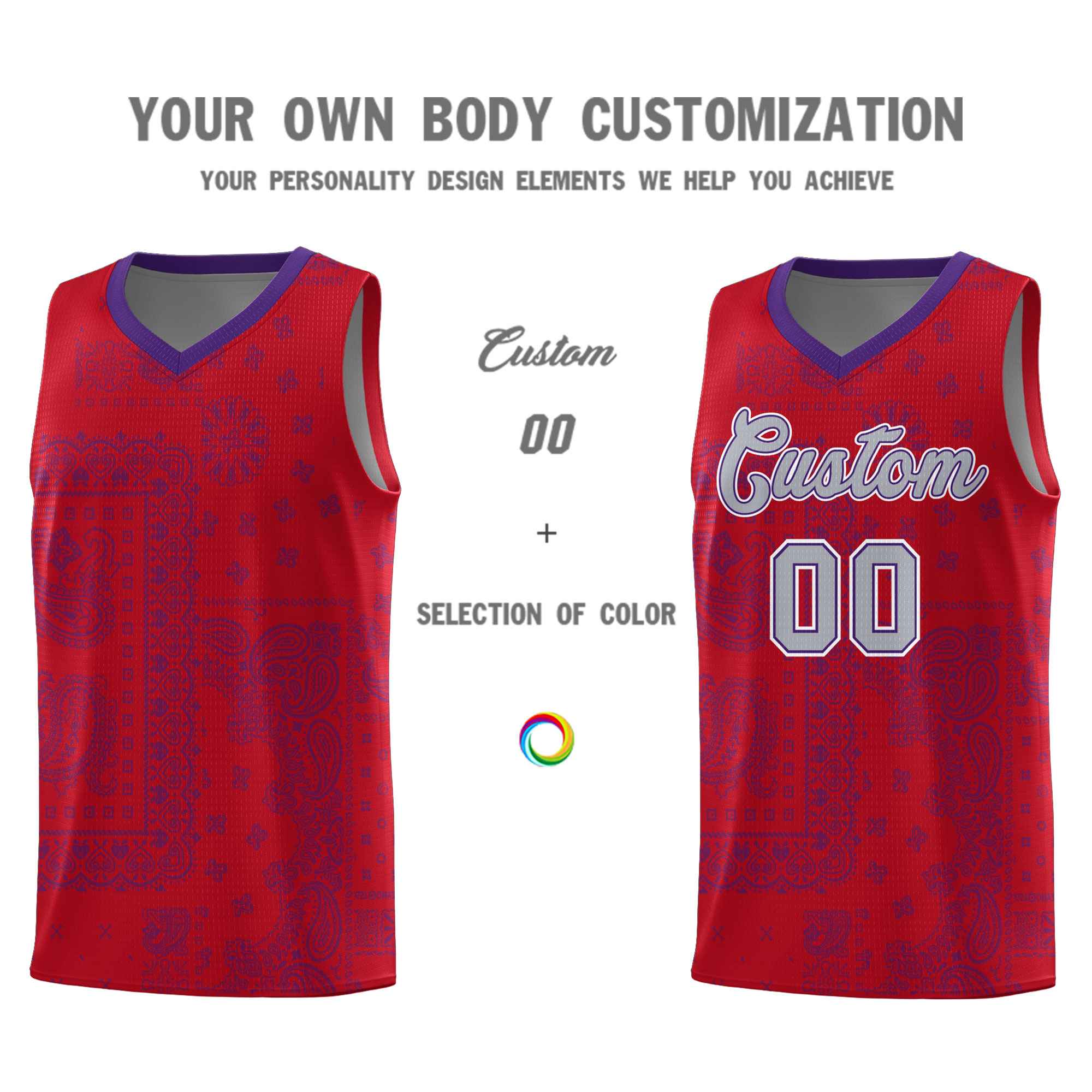 Custom Red Basketball Kits With Purple Cashew Flower Print Pattern