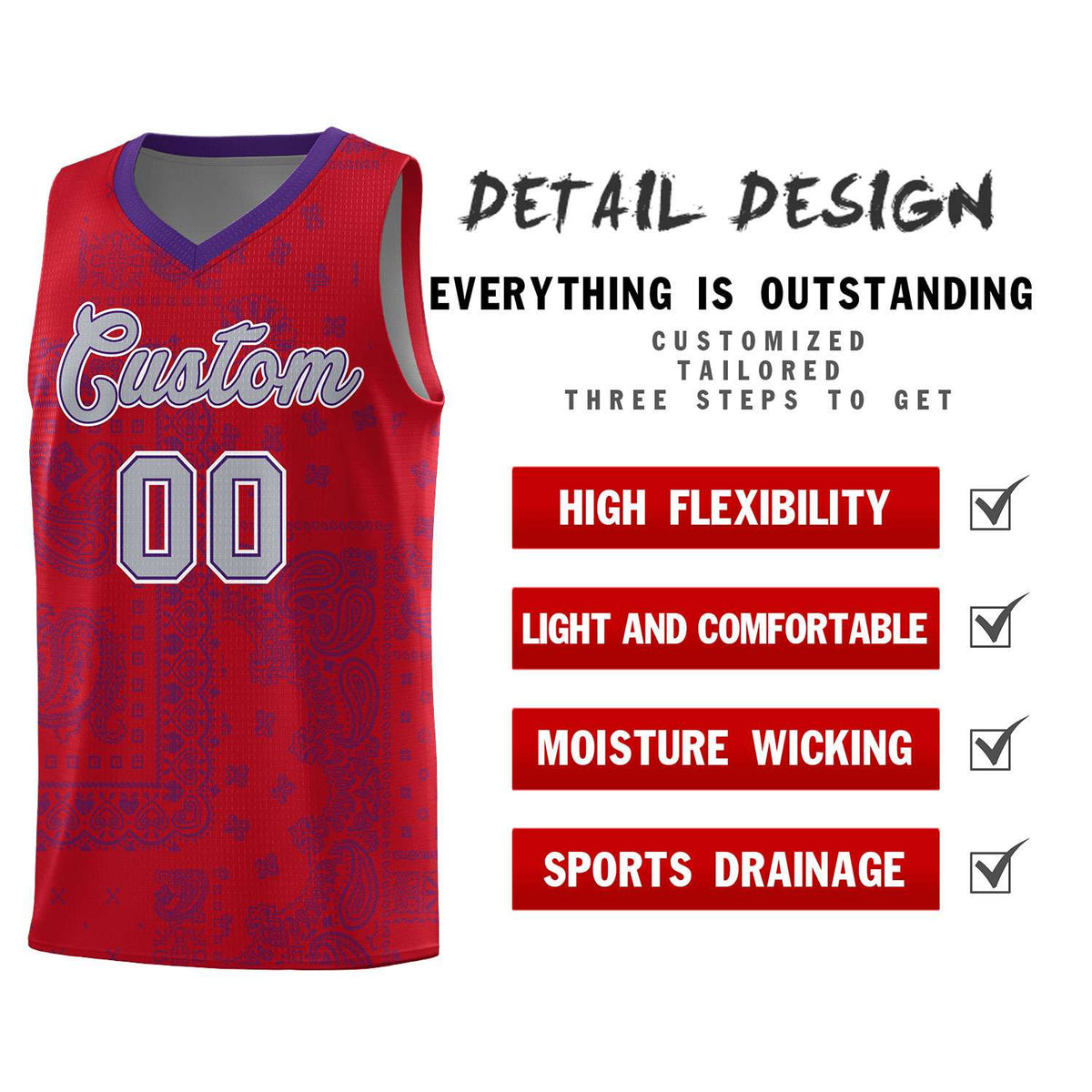 Custom Red Basketball Kits With Purple Cashew Flower Print Pattern