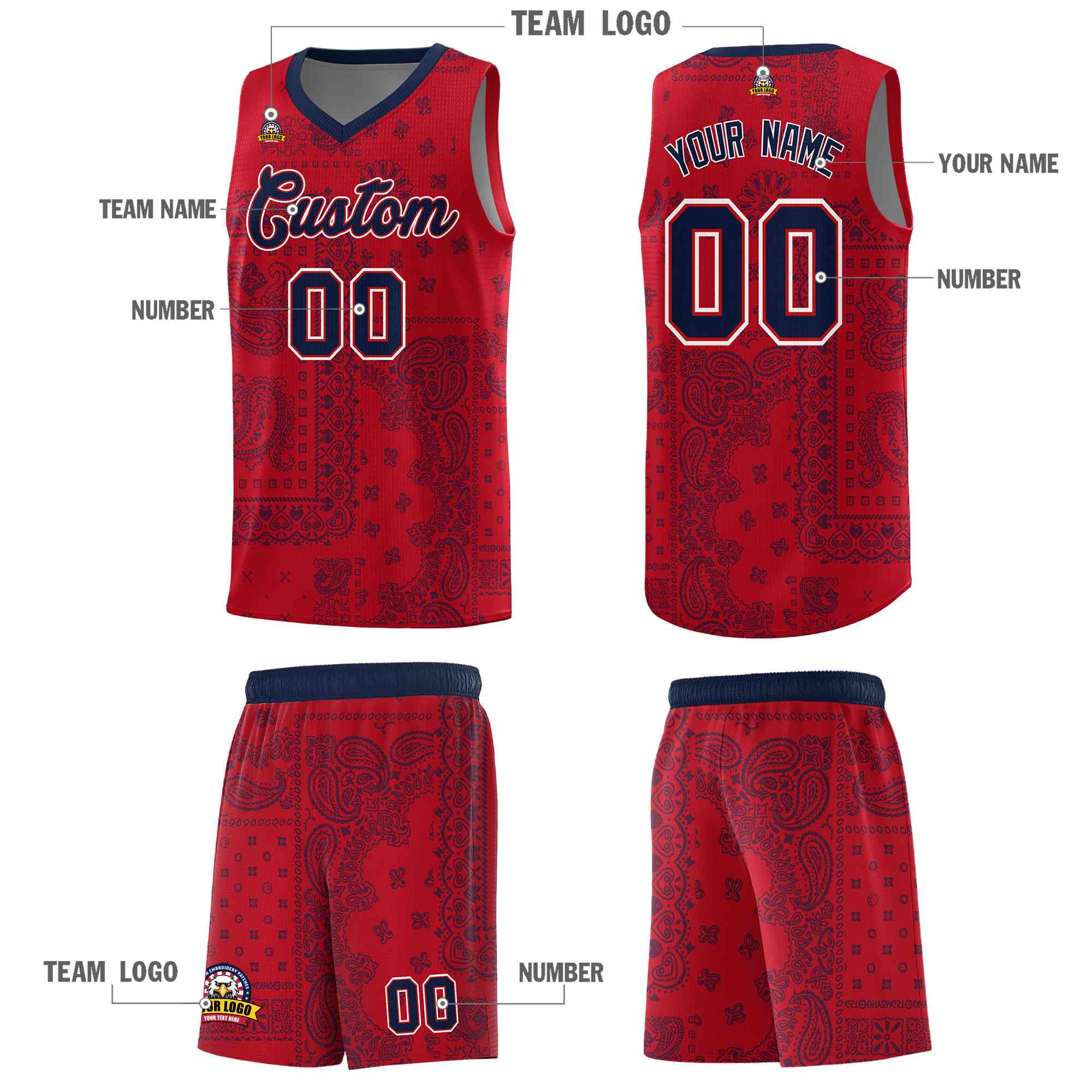 Custom Red Basketball Kits With Navy Cashew Flower Print Pattern