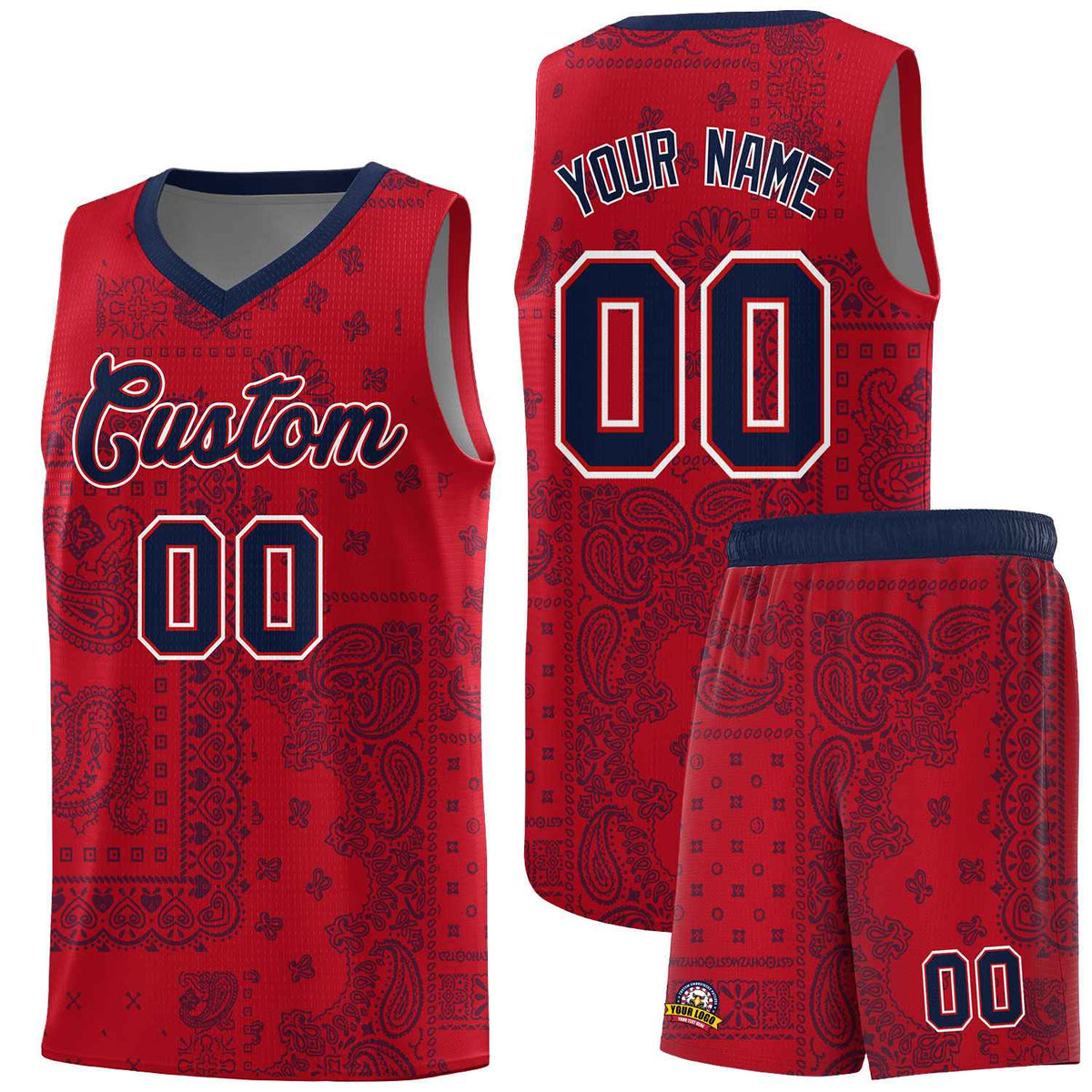 Custom Red Basketball Kits With Navy Cashew Flower Print Pattern