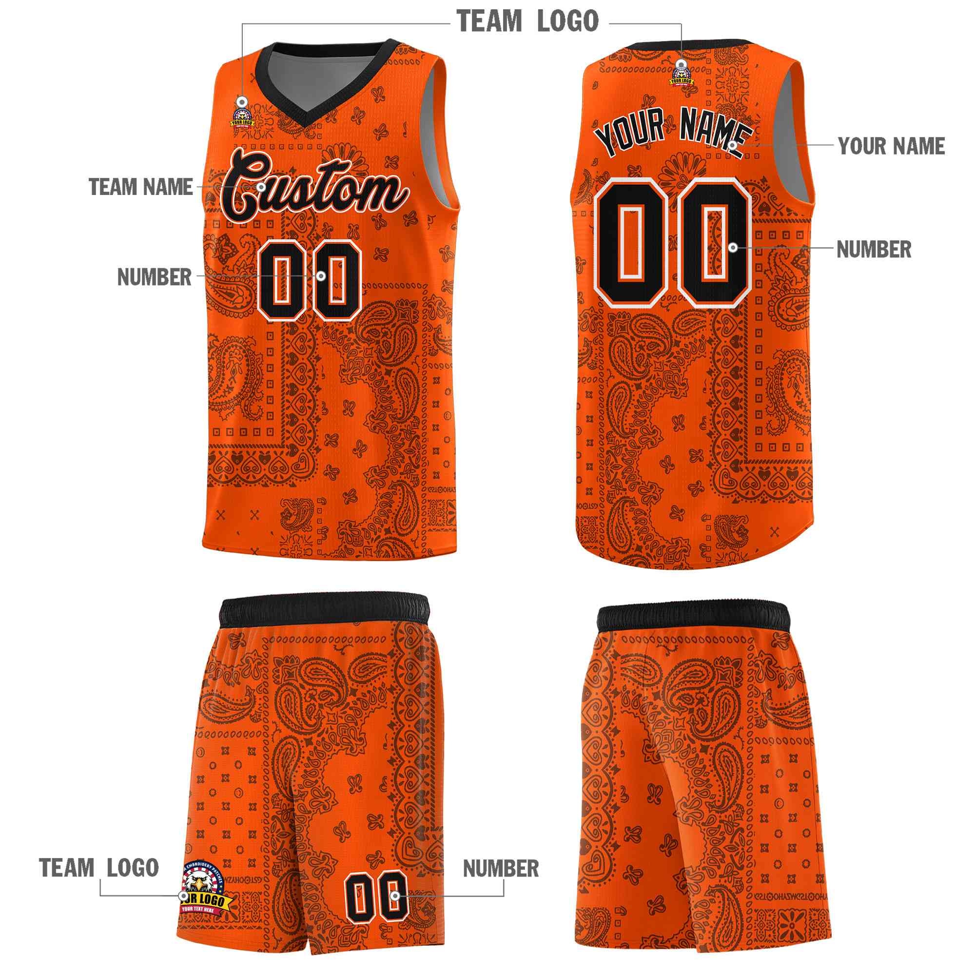 Custom Orange Basketball Kits With Black Cashew Flower Print Pattern