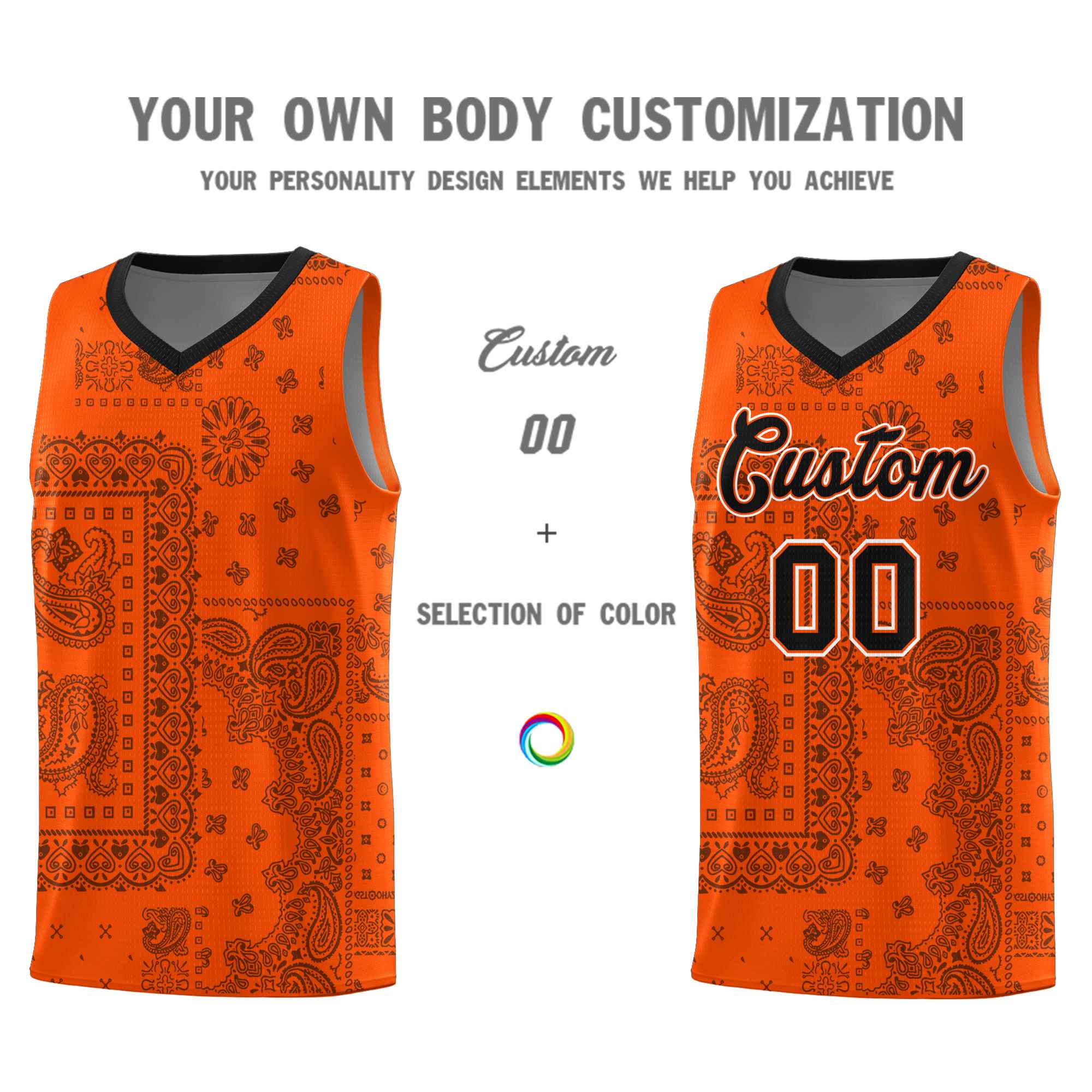 Custom Orange Basketball Kits With Black Cashew Flower Print Pattern