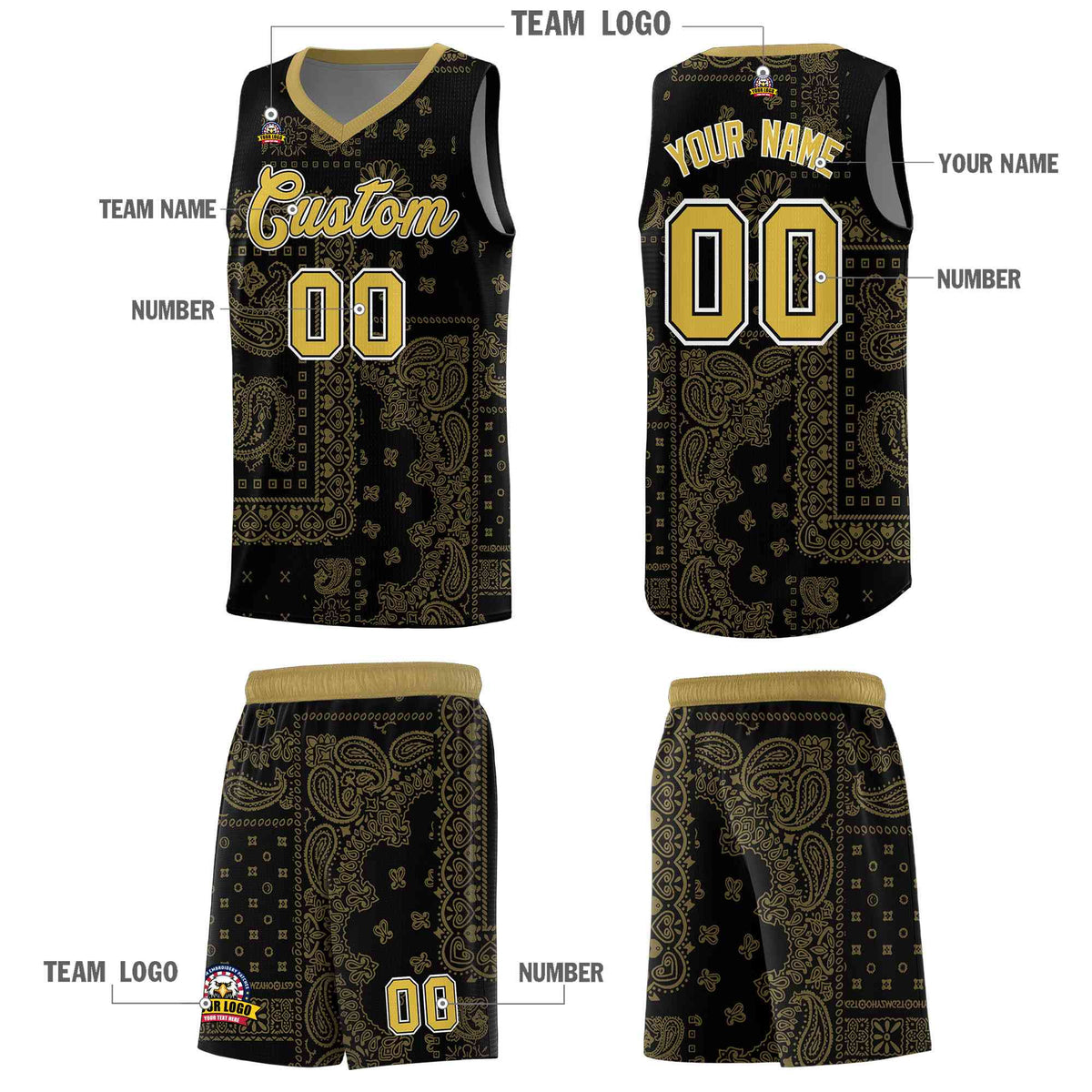 Custom Black Basketball Kits With Old Gold Cashew Flower Print Pattern