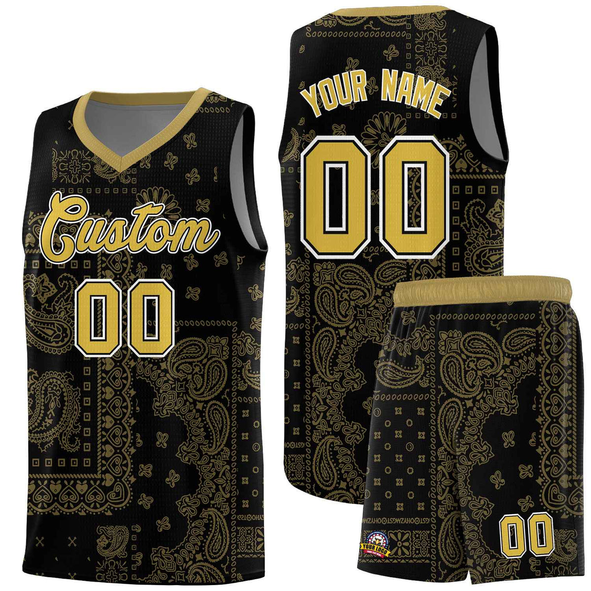 Custom Black Basketball Kits With Old Gold Cashew Flower Print Pattern