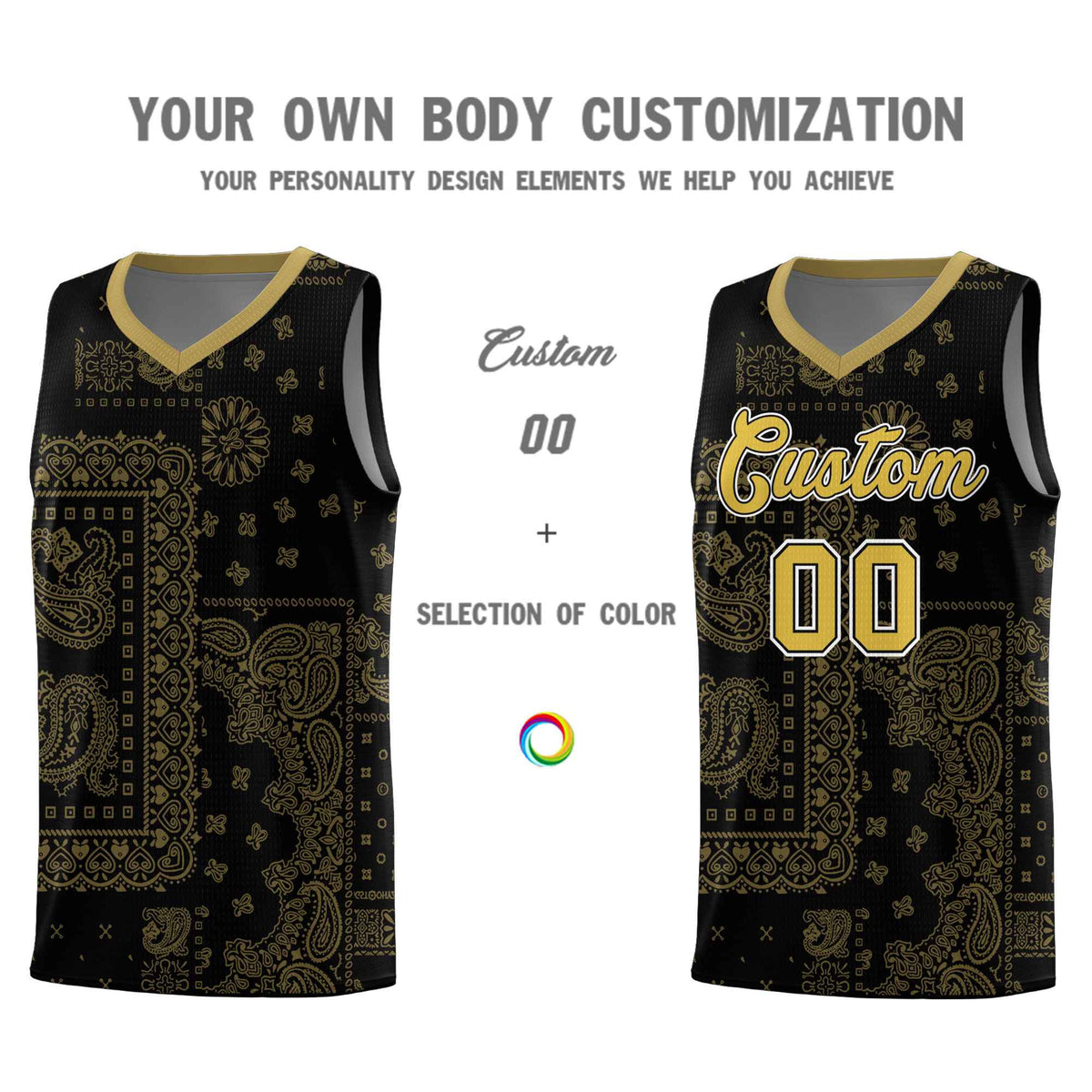 Custom Black Basketball Kits With Old Gold Cashew Flower Print Pattern
