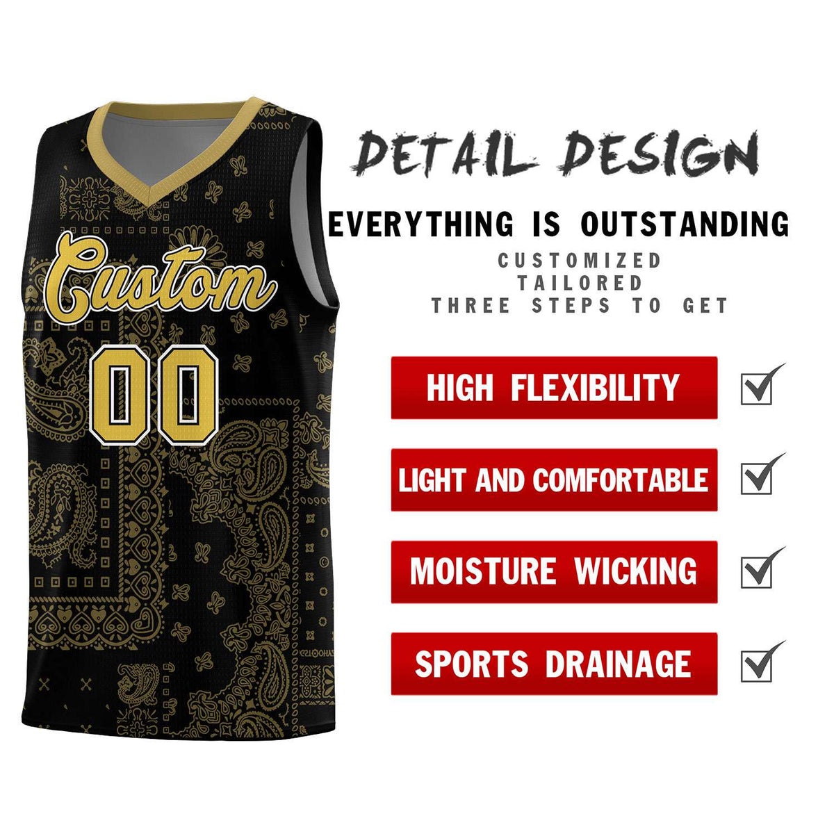 Custom Black Basketball Kits With Old Gold Cashew Flower Print Pattern
