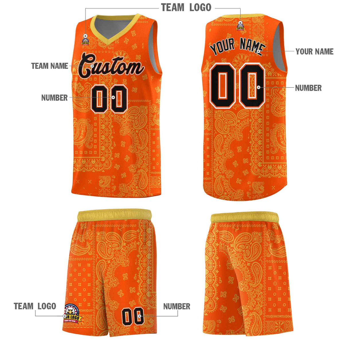 Custom Orange Basketball Kits With Old Gold Cashew Flower Print Pattern