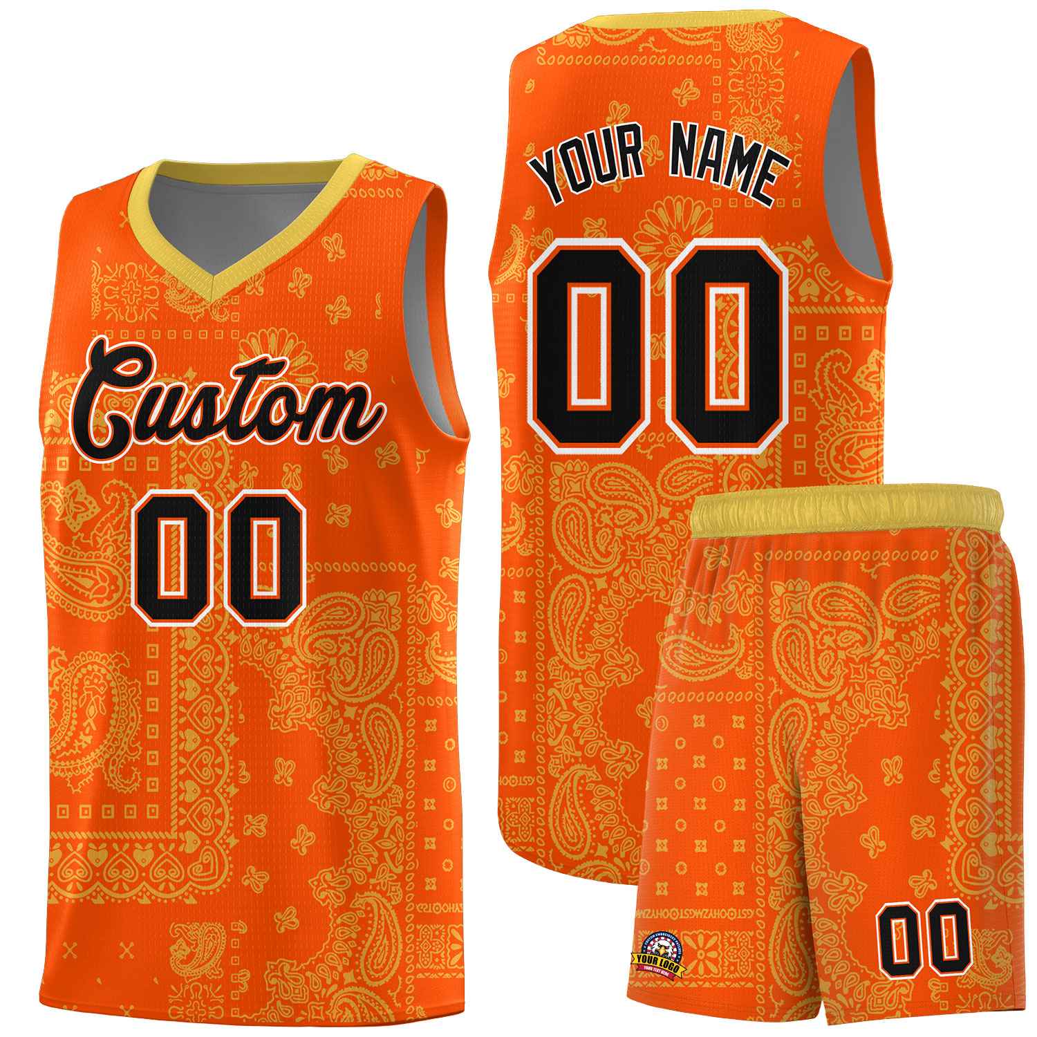 Custom Orange Basketball Kits With Old Gold Cashew Flower Print Pattern