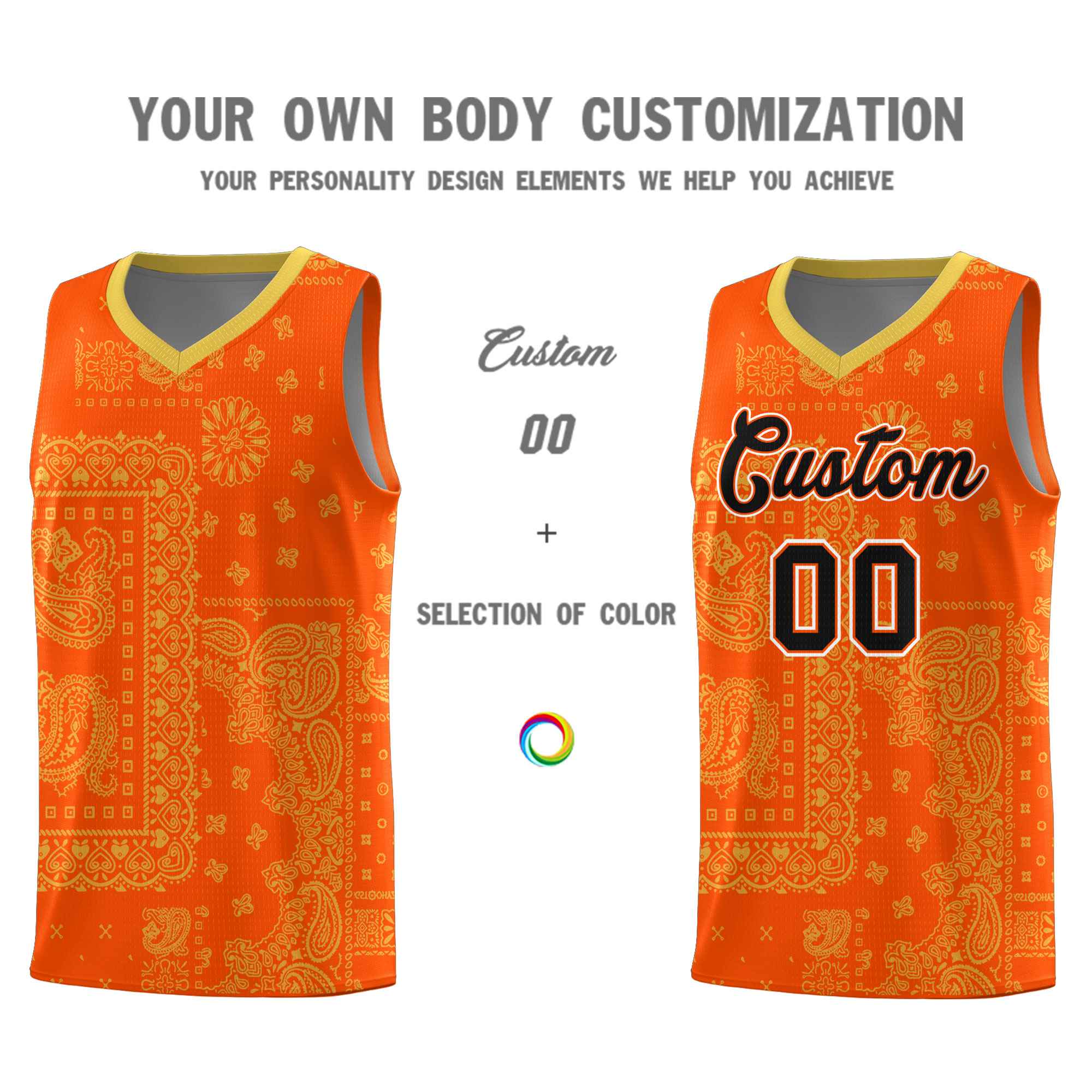 Custom Orange Basketball Kits With Old Gold Cashew Flower Print Pattern