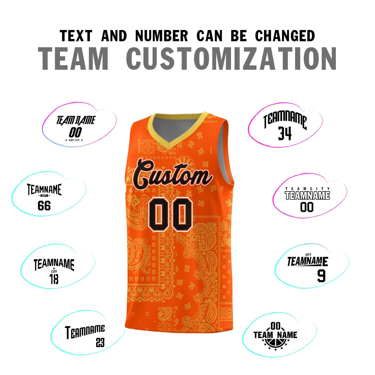 Custom Orange Basketball Kits With Old Gold Cashew Flower Print Pattern