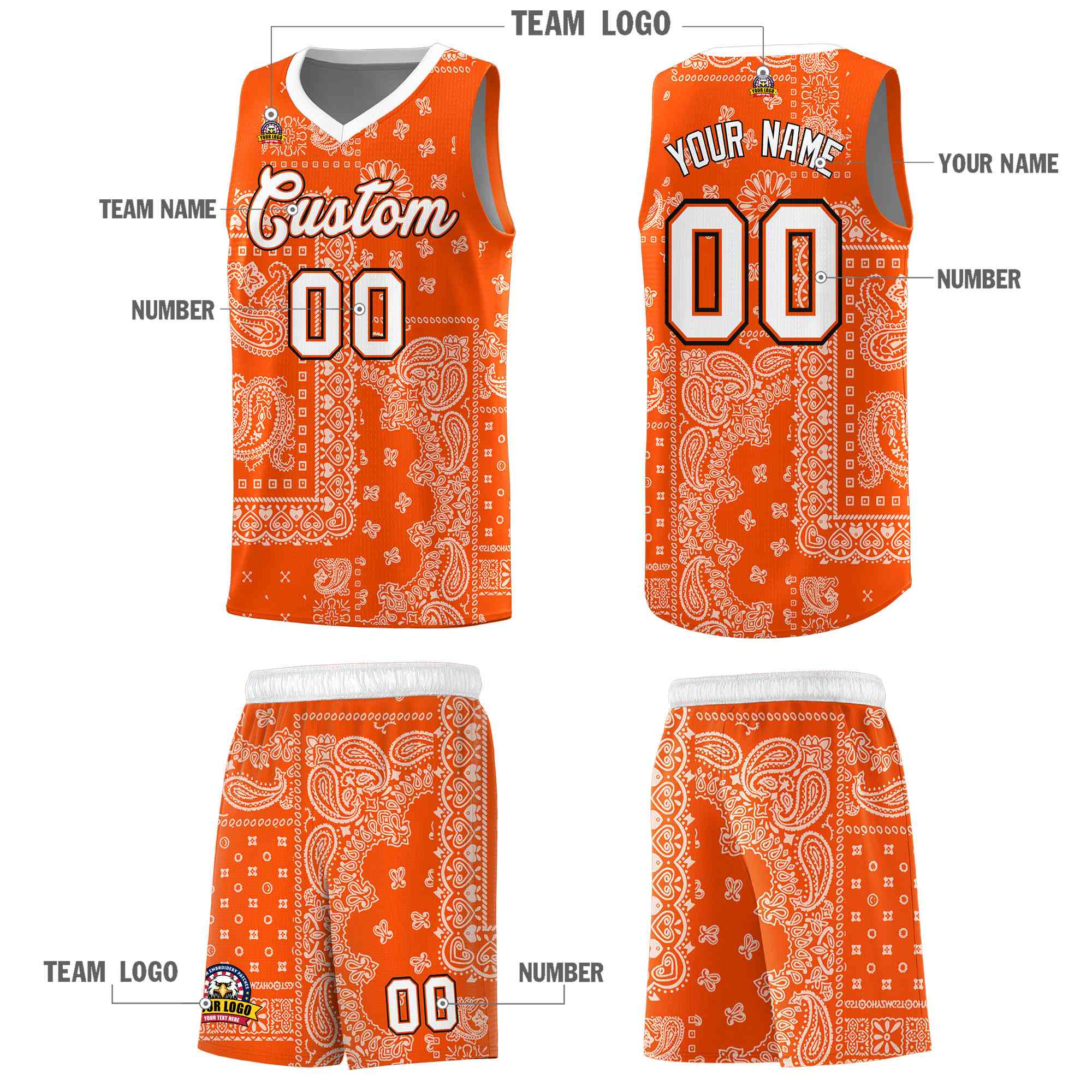 Custom Orange Basketball Kits With White Cashew Flower Print Pattern