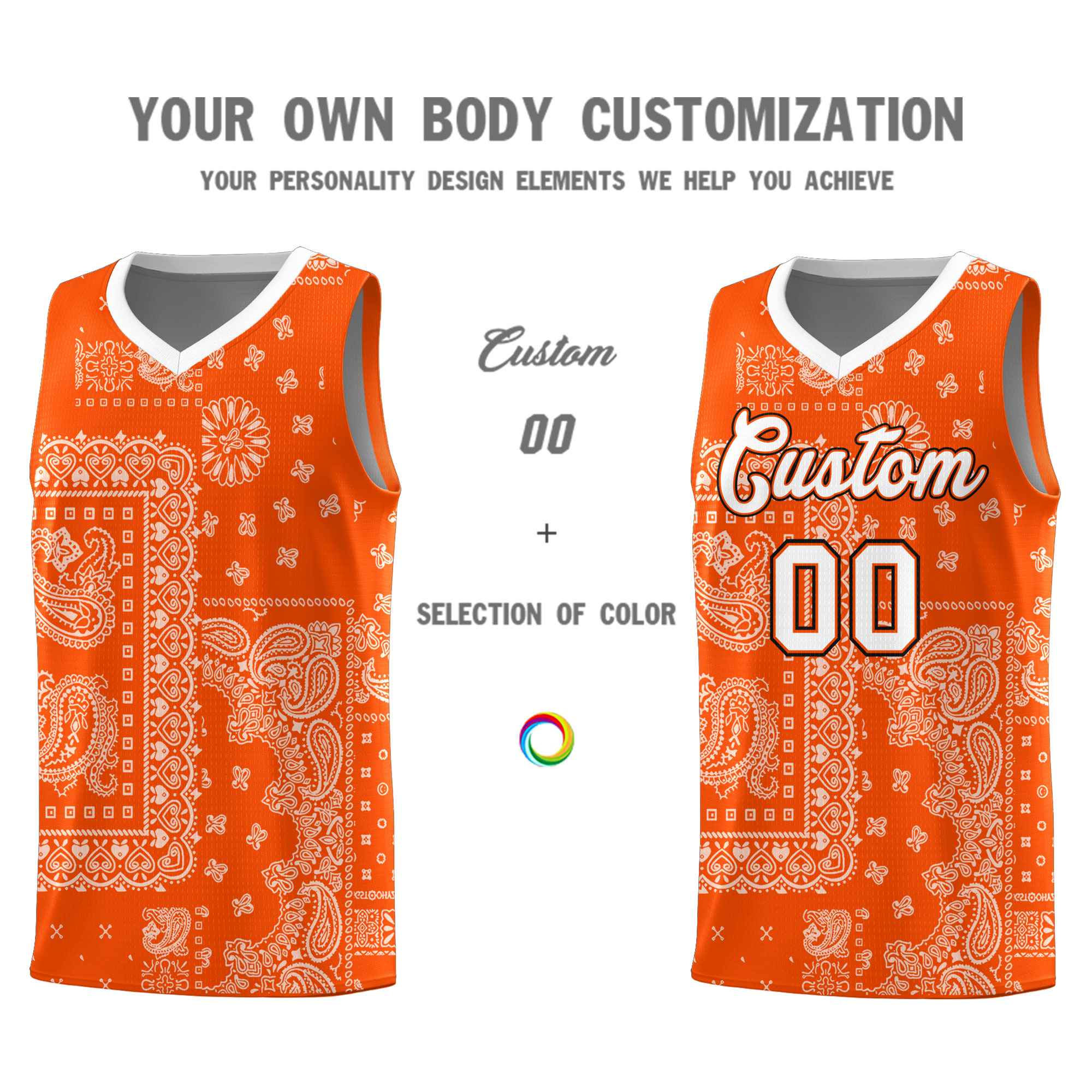 Custom Orange Basketball Kits With White Cashew Flower Print Pattern
