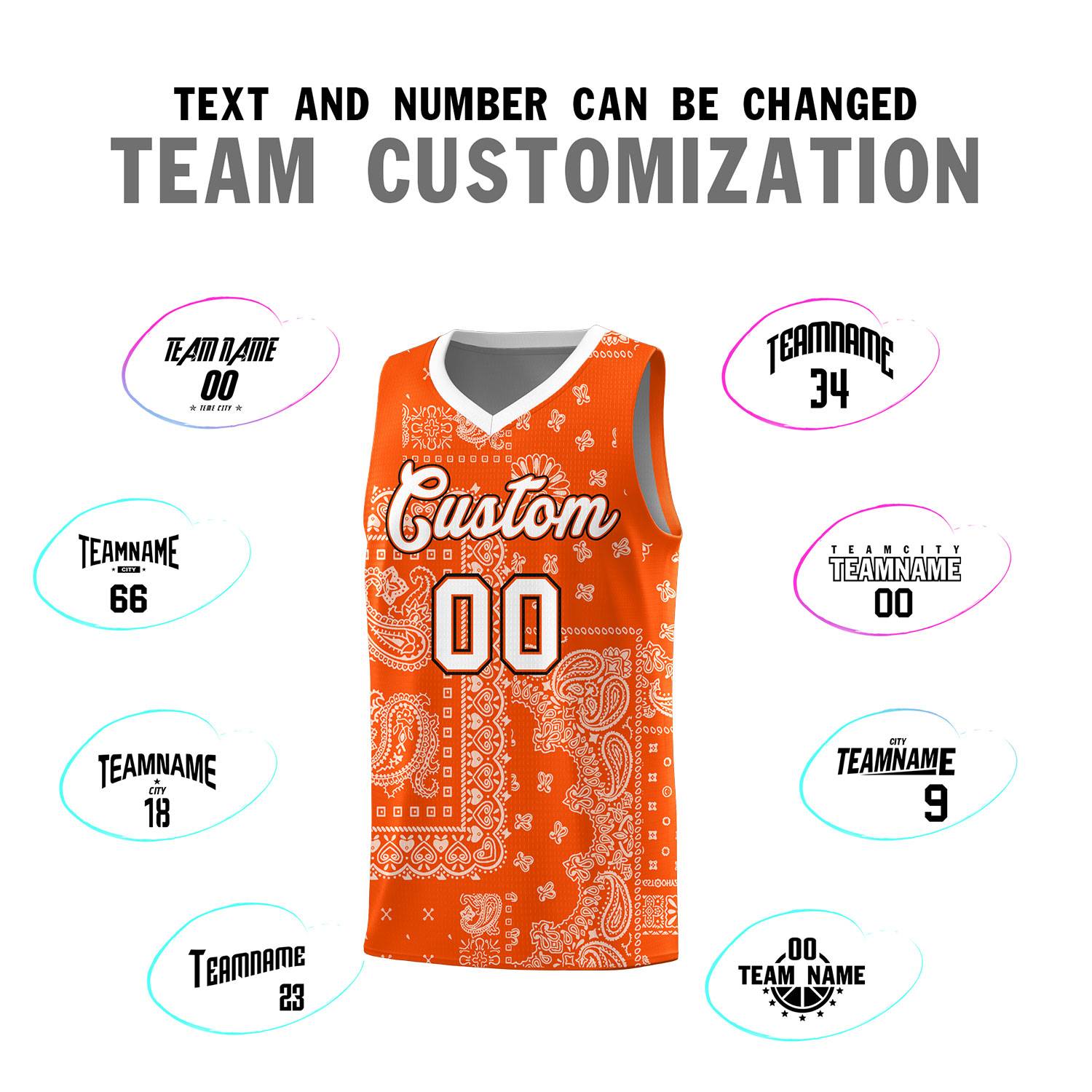 Custom Orange Basketball Kits With White Cashew Flower Print Pattern