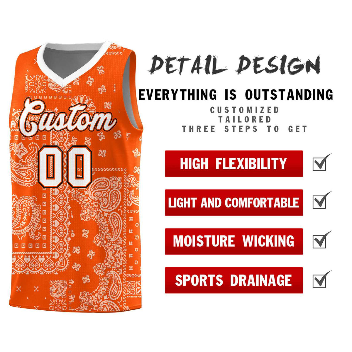 Custom Orange Basketball Kits With White Cashew Flower Print Pattern