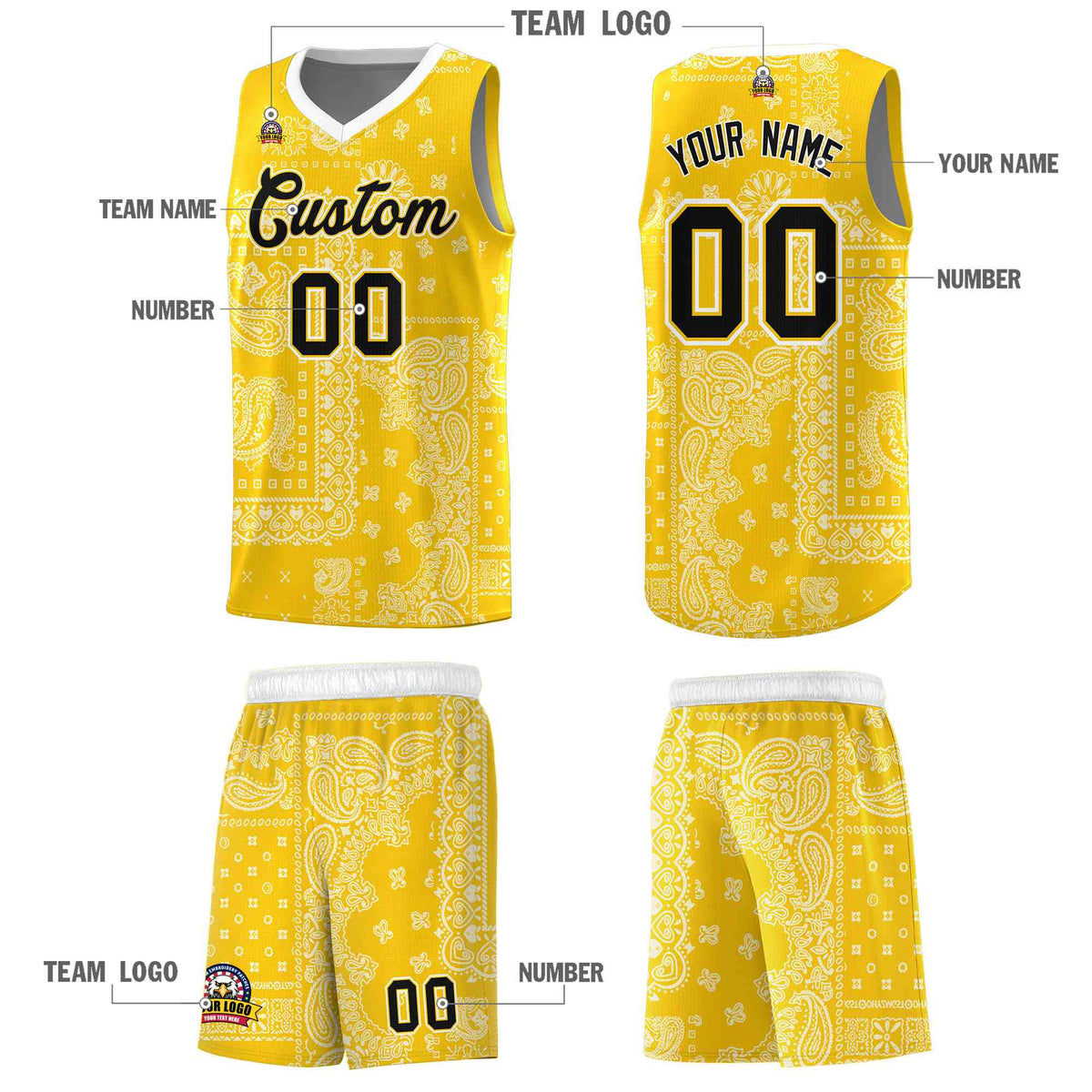 Custom Gold Basketball Kits With White Cashew Flower Print Pattern