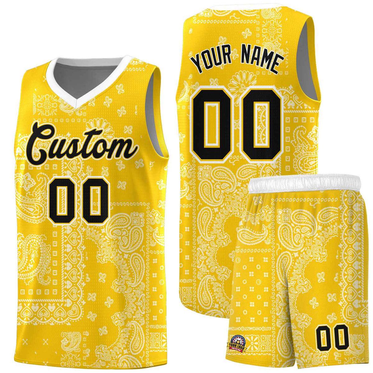 Custom Gold Basketball Kits With White Cashew Flower Print Pattern