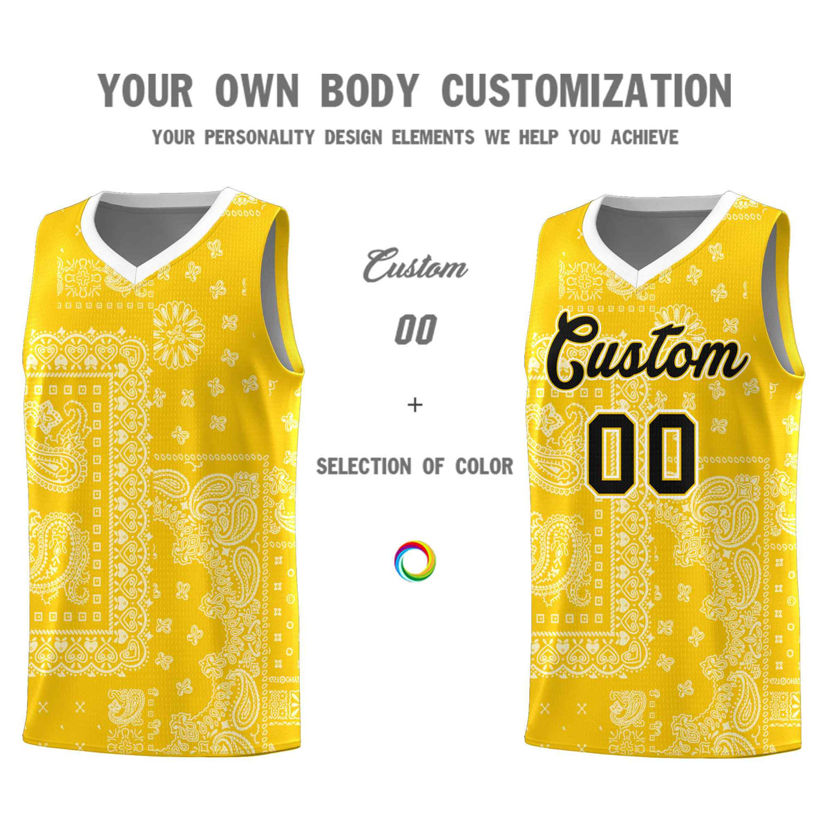 Custom Gold Basketball Kits With White Cashew Flower Print Pattern